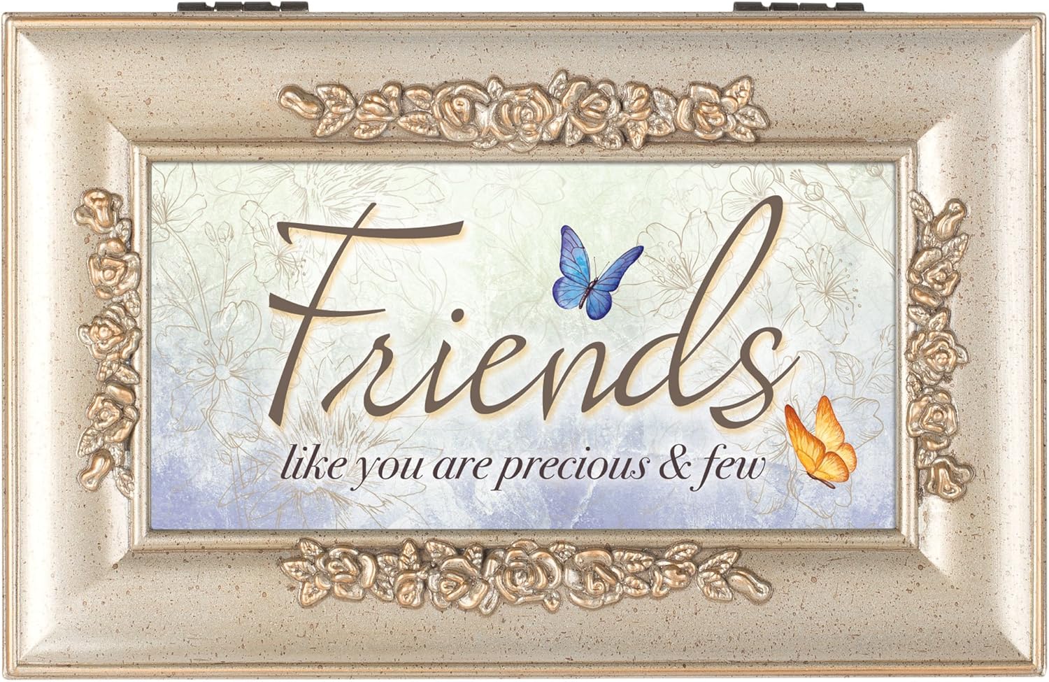 Cottage Garden Friends Like You are Precious Silvertone Embossed Jewelry Music Box Plays You Light Up My Life