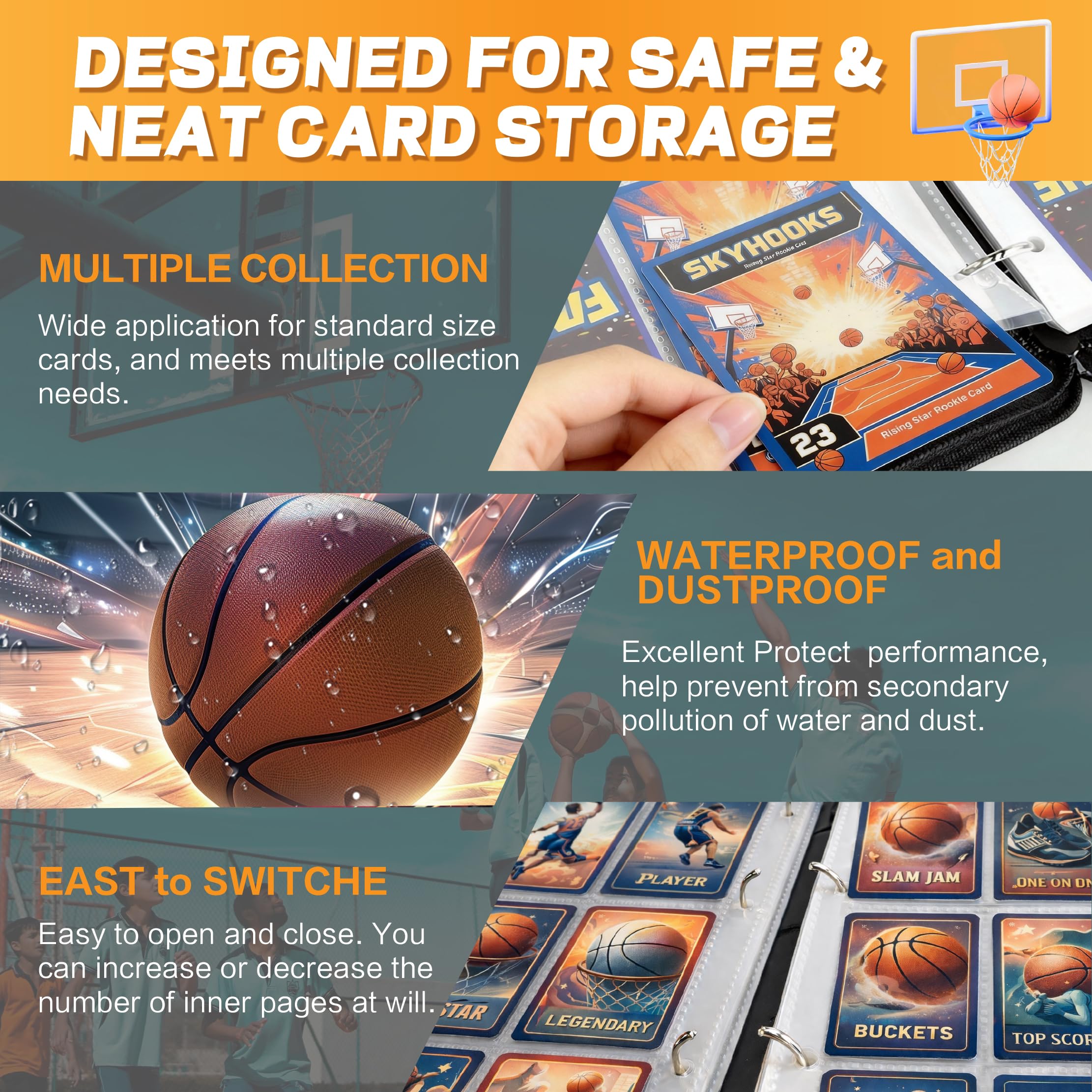 XS02 Classeur pour cartes de basket-ball avec pochettes, 9 poches, protecteur de cartes portable avec fermeture éclair, peut contenir 900 cartes avec 50 pochettes amovibles, étui de transport pour