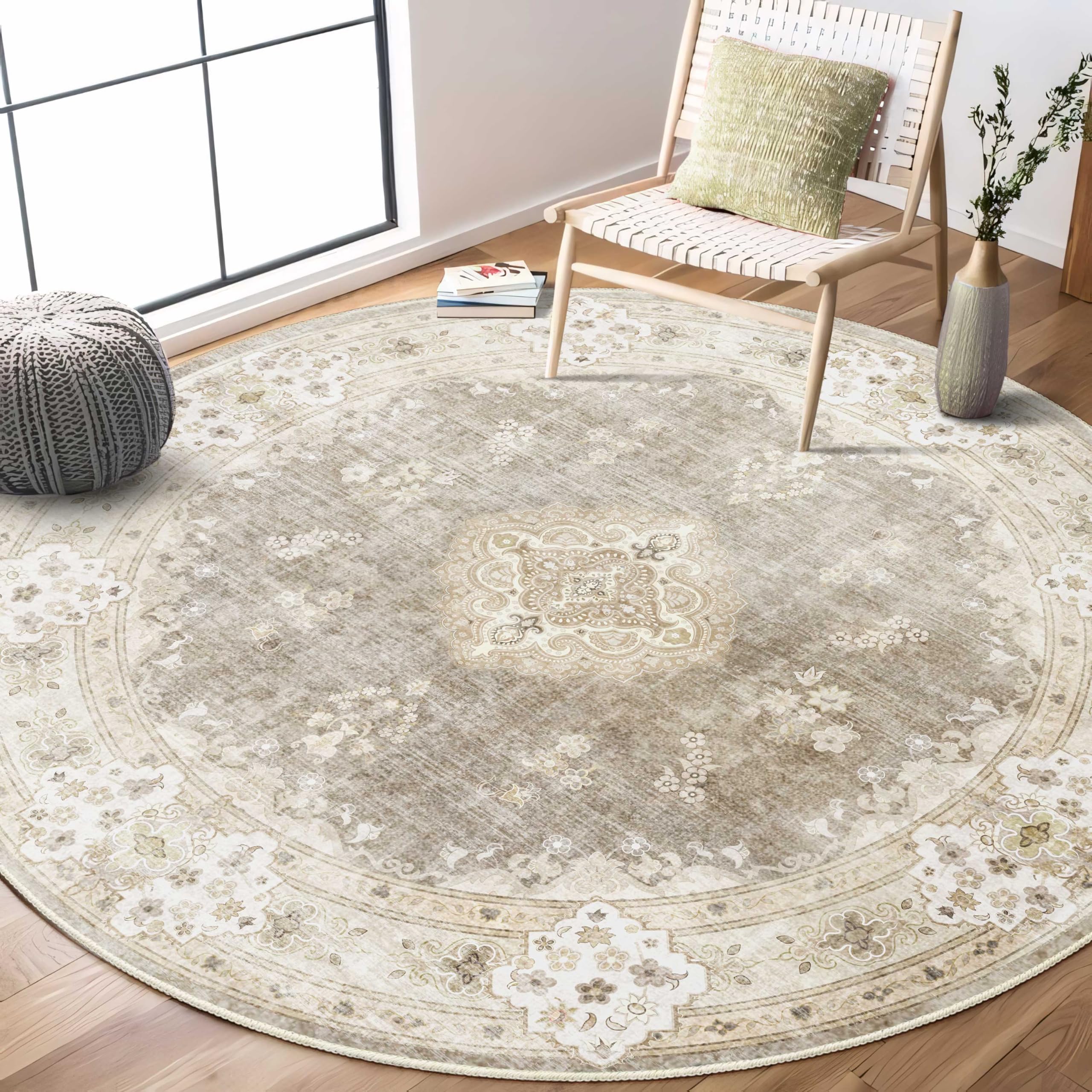 MUJOO Beige Round Rug 6ft,Circle Washable Area Rugs for Bedroom