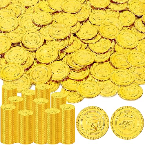 300 PCS Pirate Decorations, 1.38 in Plastic Gold Coins, 0.06 in Gold Coins Fake Coins Pirate Coins Pirate Tokens, Pirate Birthday Party Supplies Game Hunt Party Props