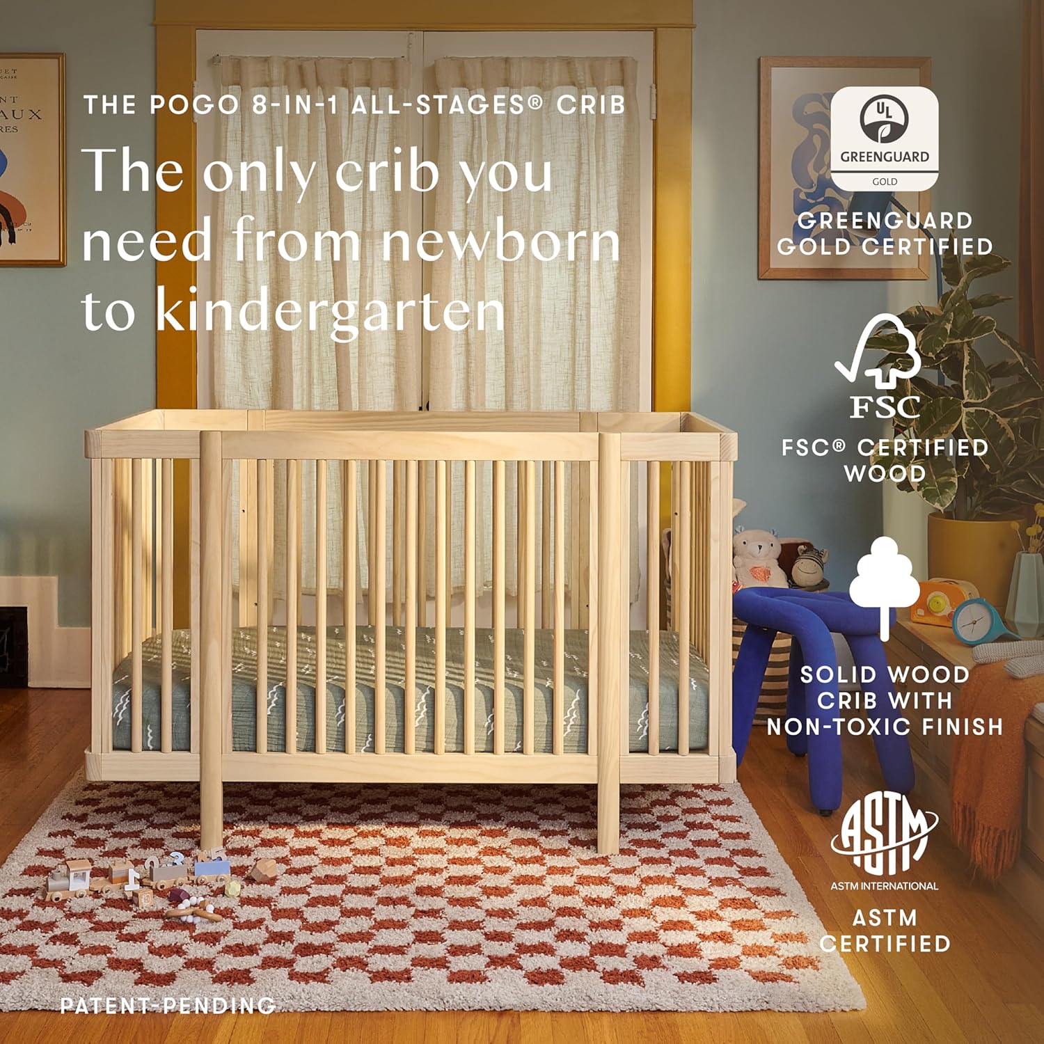 Blonde Pine Wood Convertible Crib with Rounded Spindles