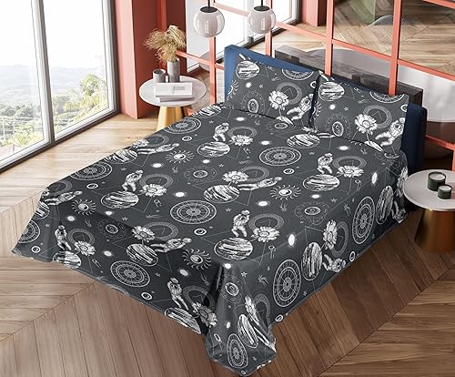 Miniatura 5 de Ambesonne Outer Space Sheet Set, Space Vibe Planet Sketch with Astronaut and Horoscope Signs Pattern, Fitted and Flat Sheet with Pillowcases Bedding
