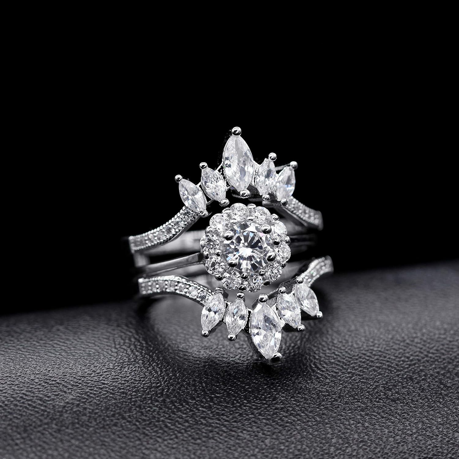 Uloveido Marquise Cut AAA White Cubic Zirconia Double Wedding Band Ring Guard Enhancer Engagement Jewelry for Women Y445