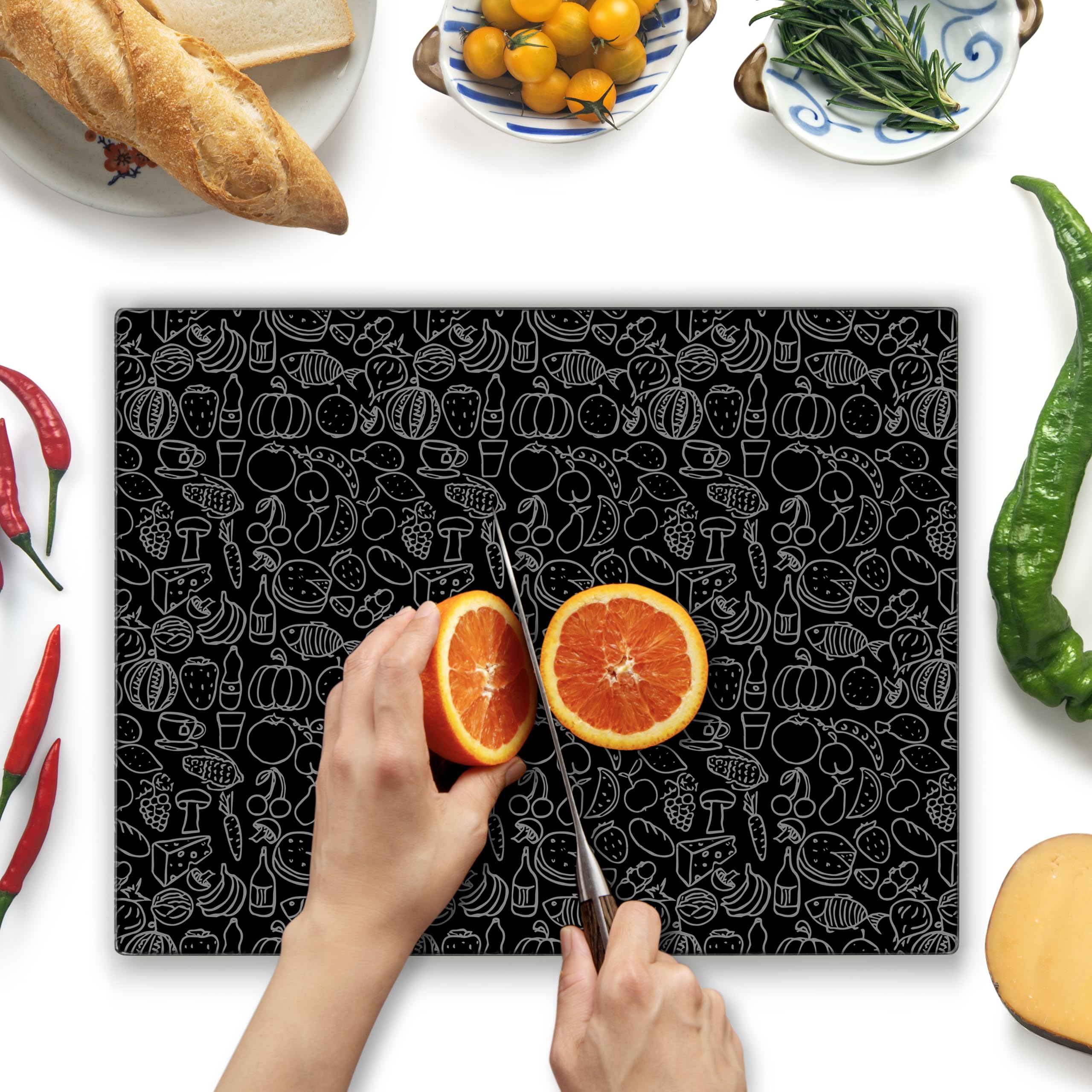 Kitchenville Glasschneidebrett 40×30 cm – Hygienisches Schneidebrett aus gehärtetem Glas – Hitzebeständig, Kratzfest & Rutschfest – Glasplatte für die Küche – Schwarzes Design