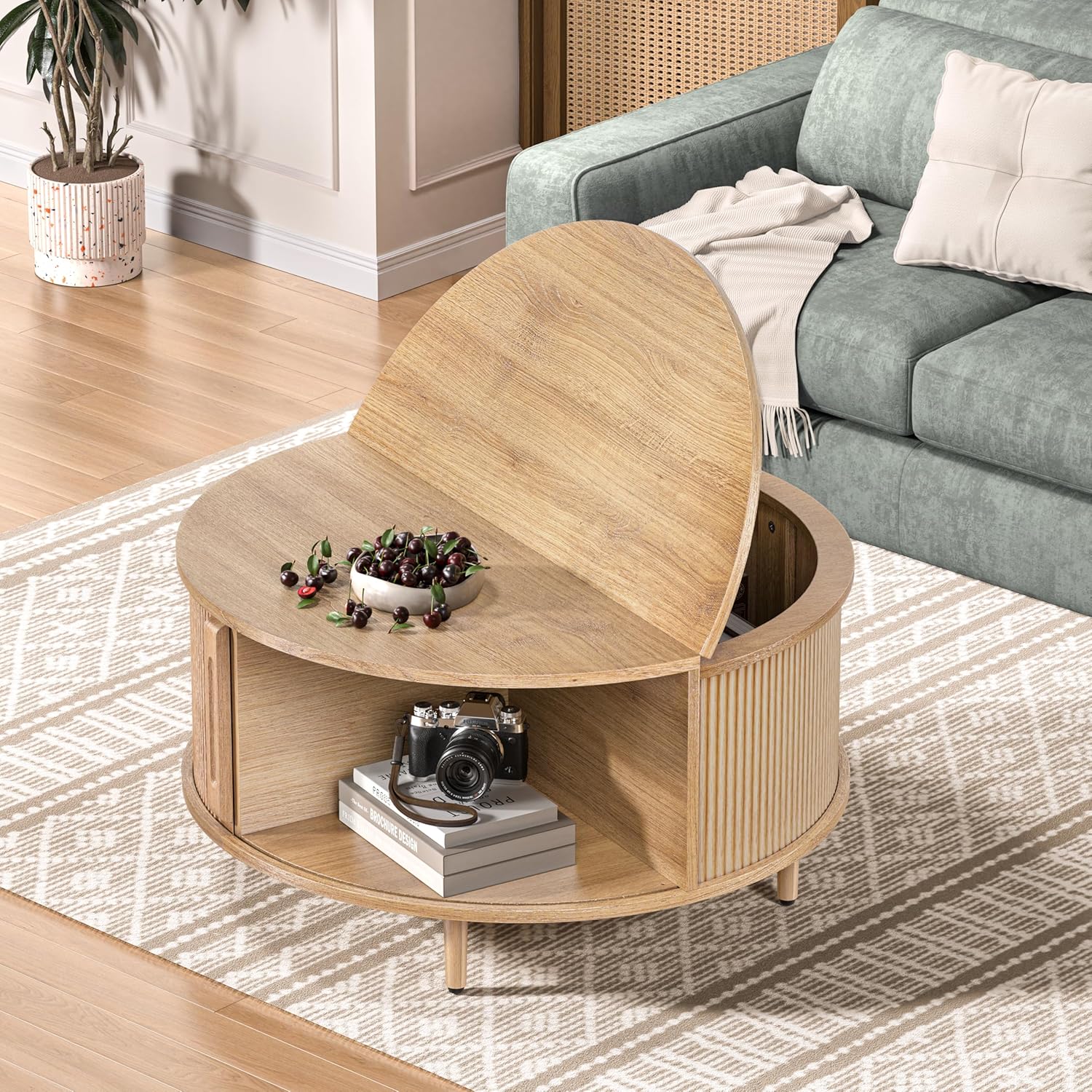 Round Coffee Table, 31.5" Fluted Center Table with Storage, Lift-Top Coffee Table with Adjustable Footpads, Sliding Door, Mid-Century Modern Center Table for Living Room, Small Space (Nature)