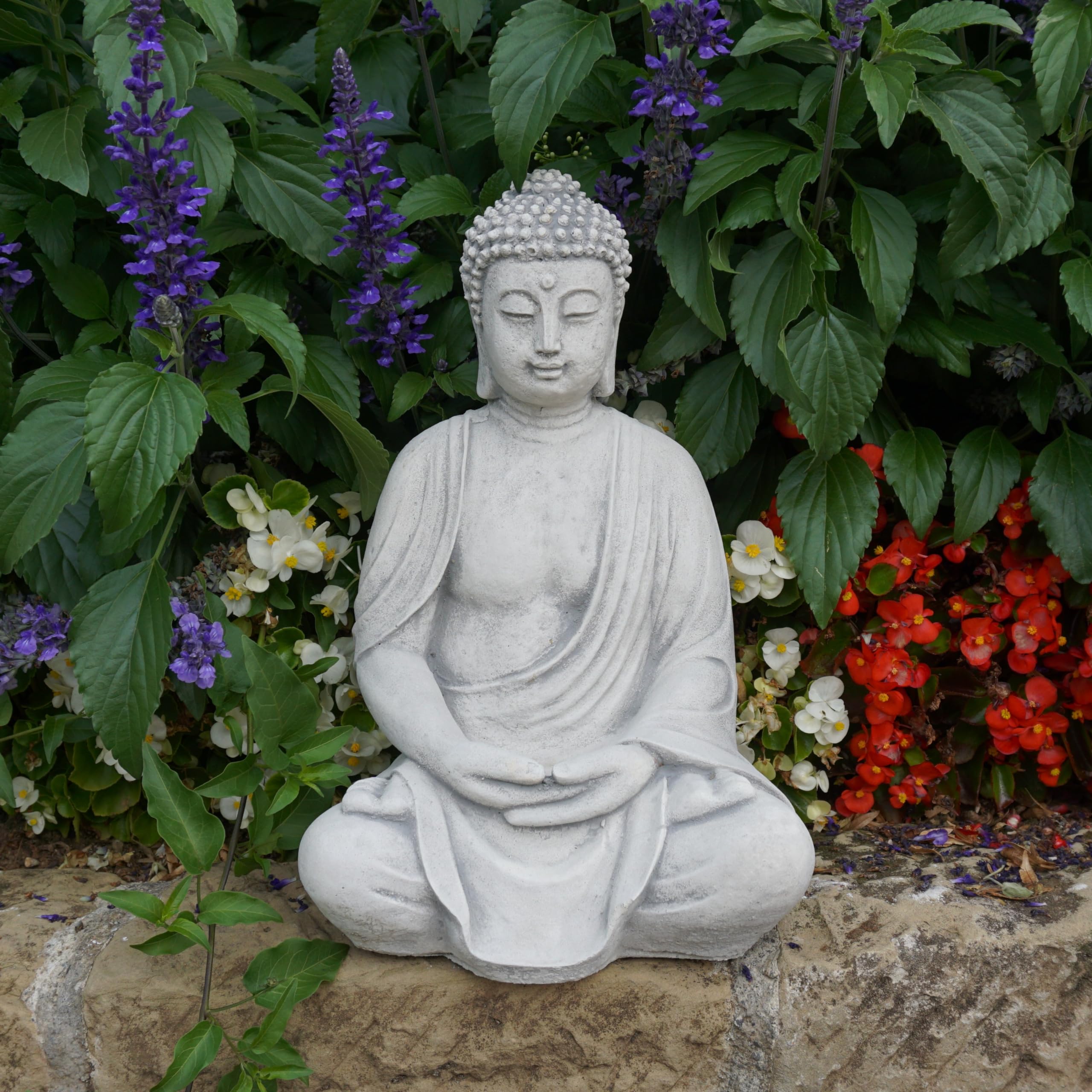 gartendekoparadies.de Sitzende Buddha Statue, Steinfigur, H. 39 cm, 12 kg, Grau, frostsicher aus Steinguss für Außenbereich