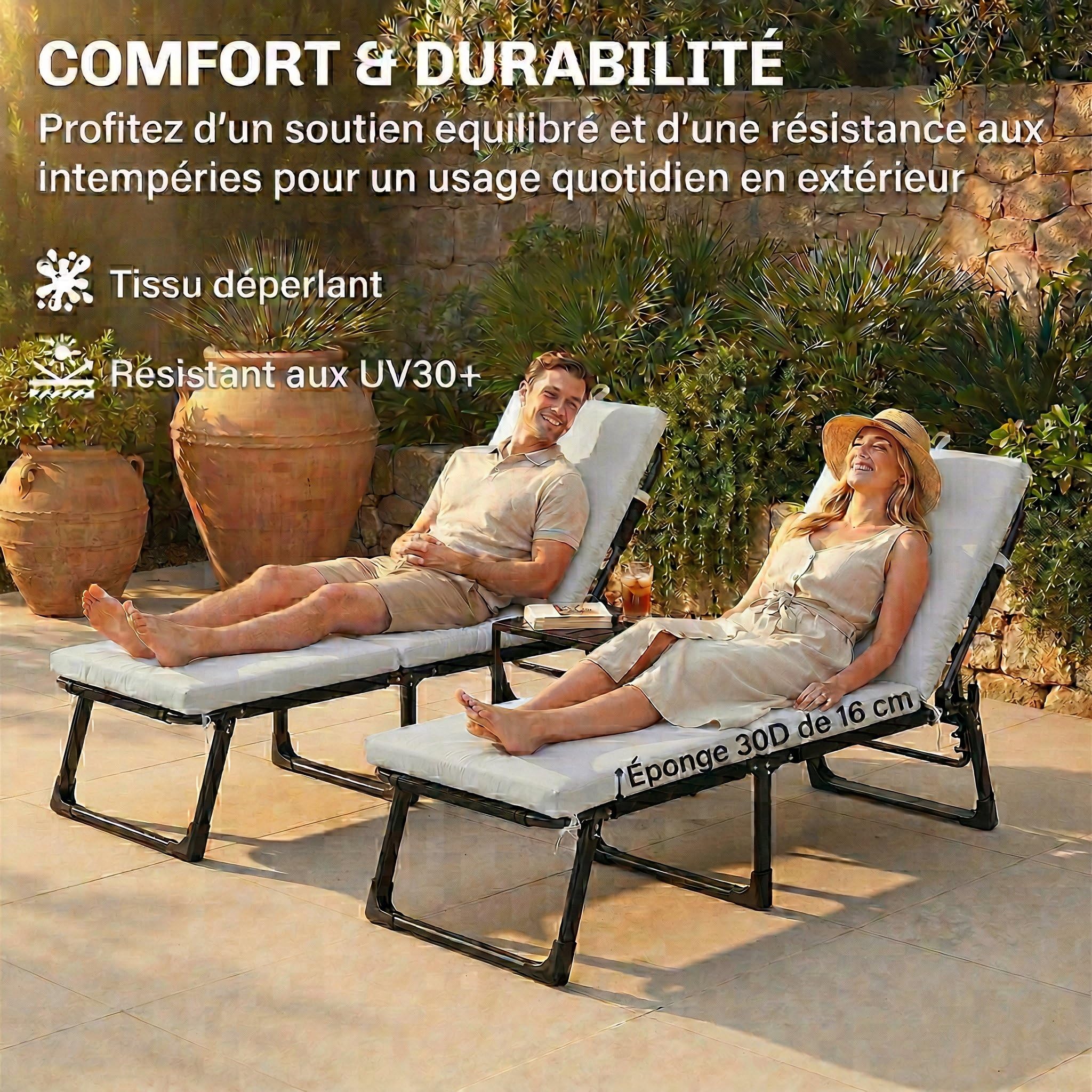 Outsunny Lot de 2 Coussins de Chaise Longue avec 5 Sangles et Poignée Intégrée, Coussin Bain de Soleil Déperlant Extérieur pour Plage Balcon Jardin, 182x53x6cm, Gris Clair