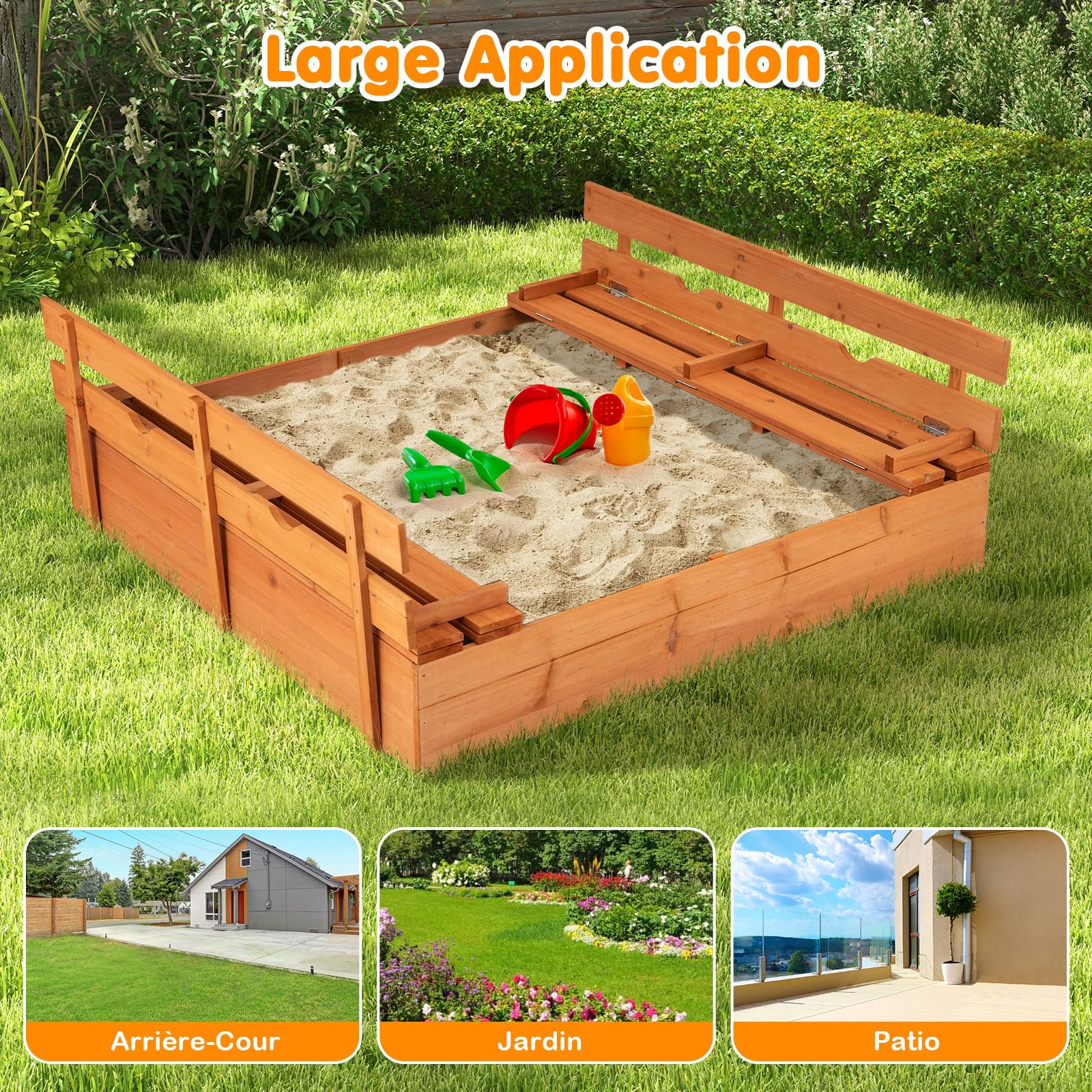 GOPLUS Bac a Sable Enfant Exterieur, Bac a Sable en Bois de Sapin avec Couvercle, 2 Bancs Pliants, et Revêtement de Fond, Charge120KG, pour Jardin Plage Arrière-Cour