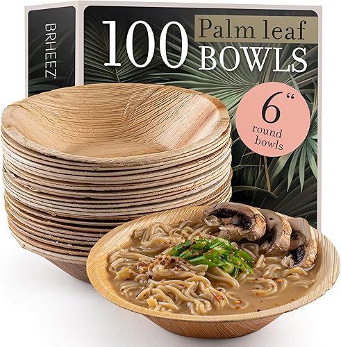 brheez Paquete de 100 cuencos de hoja de palmera de 6 pulgadas, ecológicos, compostables y biodegradables, elegantes cuencos desechables con aspecto