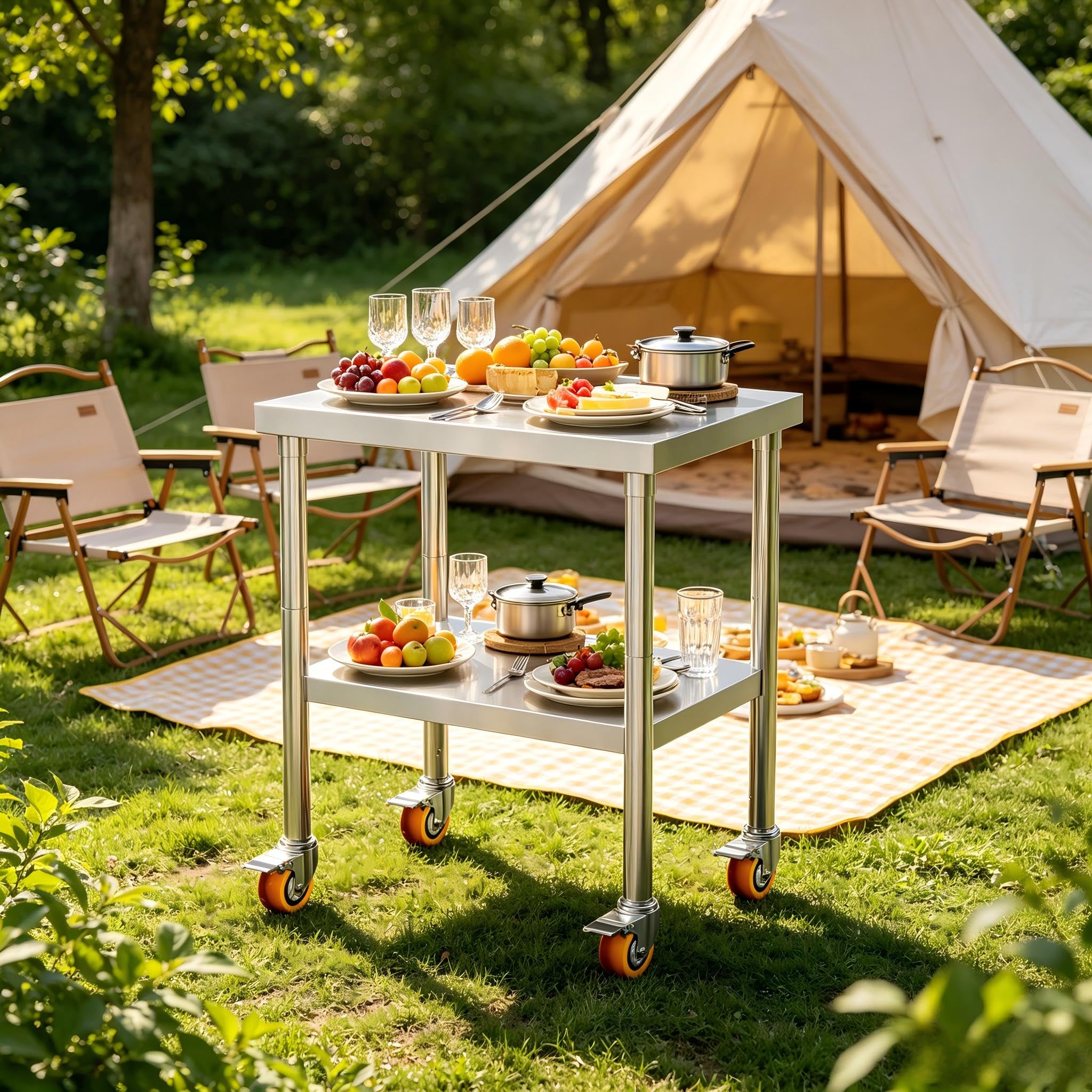 YRHome 4 kółka ze stali nierdzewnej, stół roboczy z regulacją wysokości, mobilny, dwuwarstwowy, stół warsztatowy, wózek do grillowania, do 300 kg, do restauracji, szkoły, na kemping, rozmiar L – 85 x