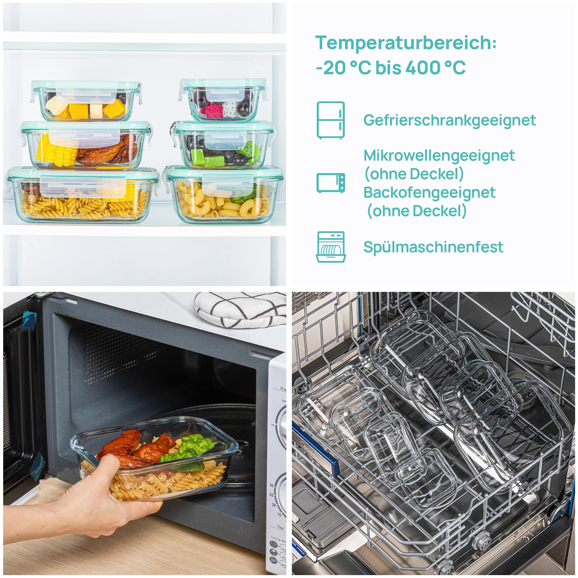 Vtopmart 15 Stück Meal Prep Boxen Glas, Glasdosen mit Deckel Set, Frischhaltedosen Glas mit Auslaufsicherer Verschlussdeckel, für Mikrowellen-, Gefrierschrank- und SpüLmaschinenfest