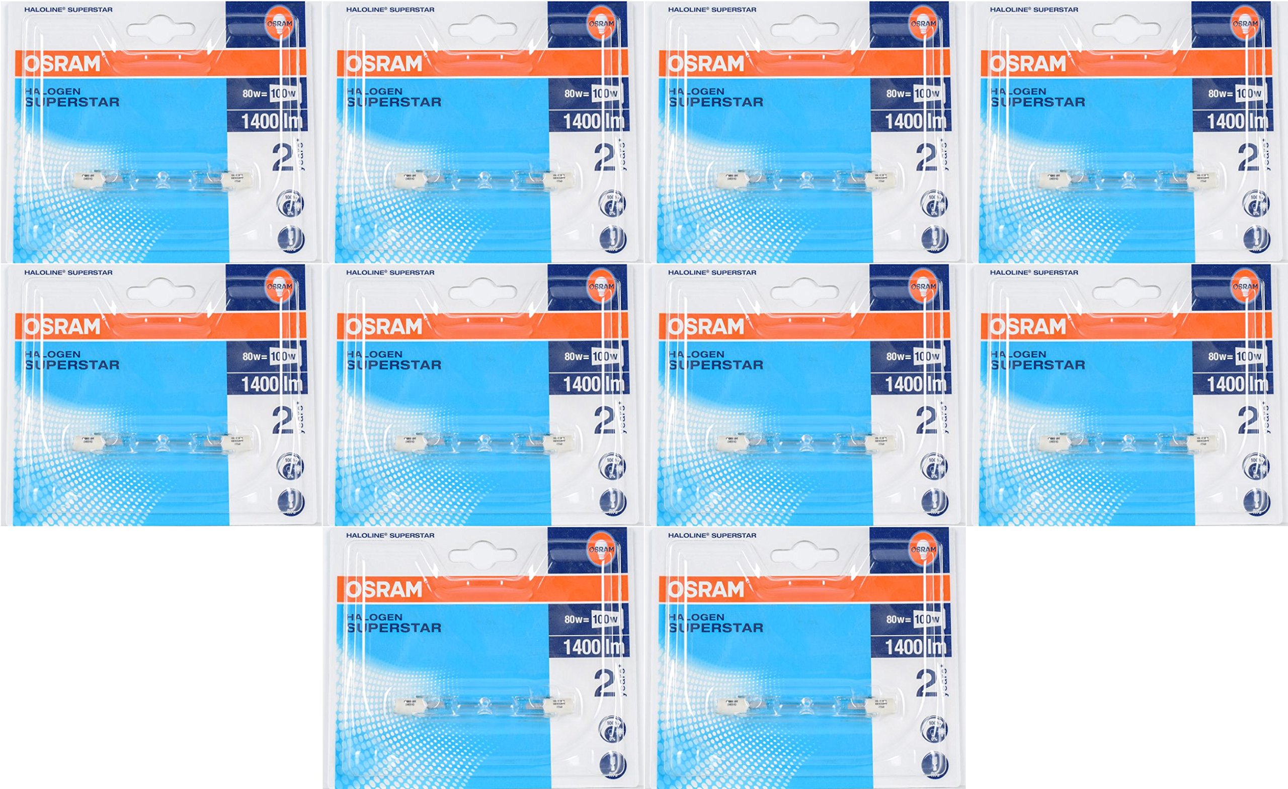 Osram – Lote de 10 bombillas halógenas. 80 W ~ 100 W R7S 1400 lúmenes, 2900 K Blanco cálido de linterna Tubo, 10 unidades)