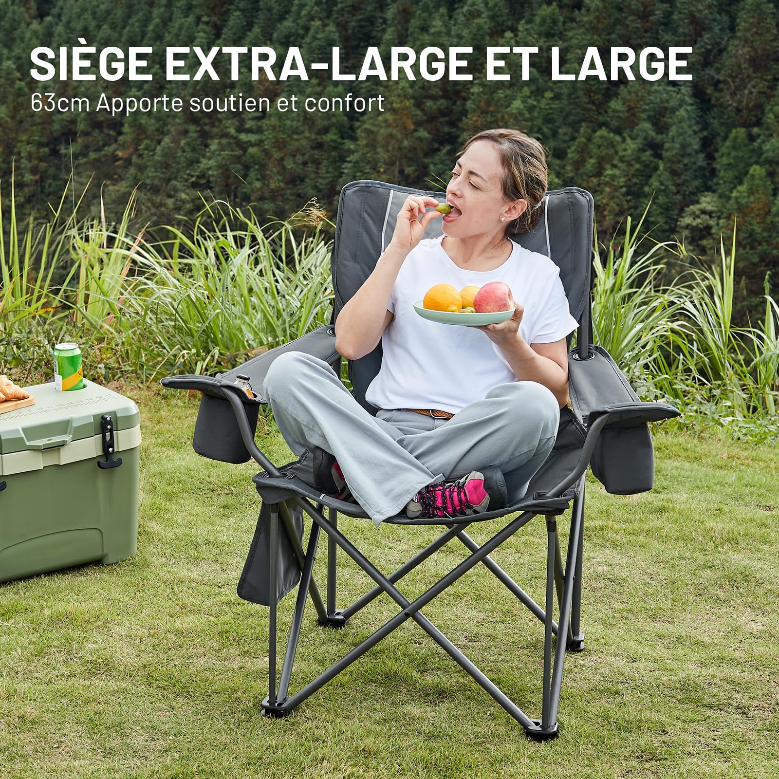 TIMBER RIDGE 2Pcs Chaise Pliante Camping 200kg 63cm Large-siège Confortable Chaise de Exterieur Rembourrée Porte-Gobelet Sac Isotherme Accoudoirs Réglables pour Pêche Voyage Festival