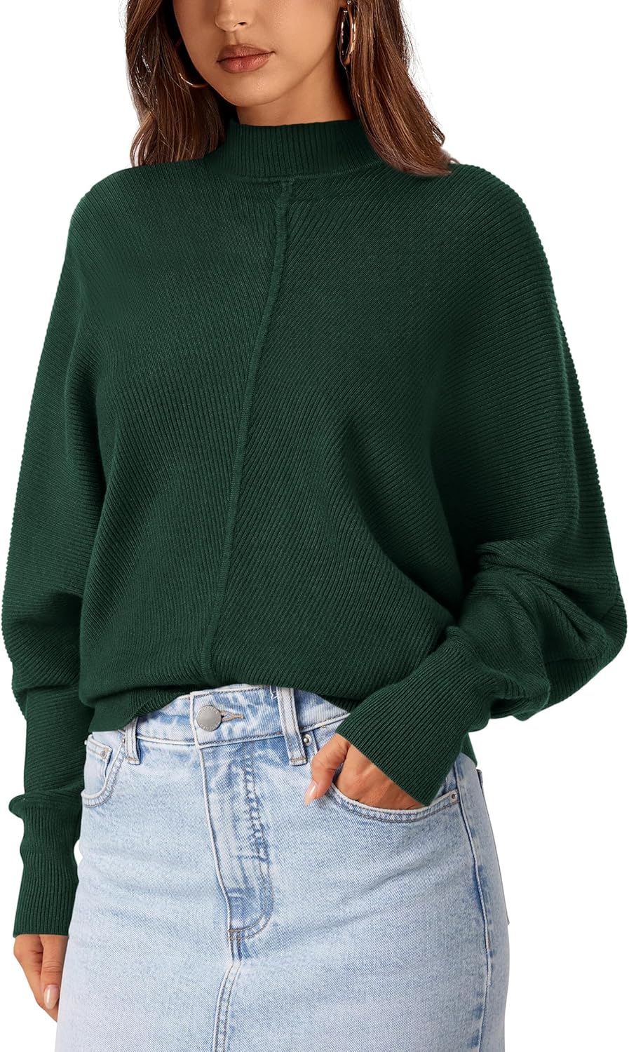 PRETTYGARDEN Fall Fashion 2024 Oversized Mock Neck Long Sleeve Batwing Sweaters for Women Casual Loose Ribbed Knit Tops