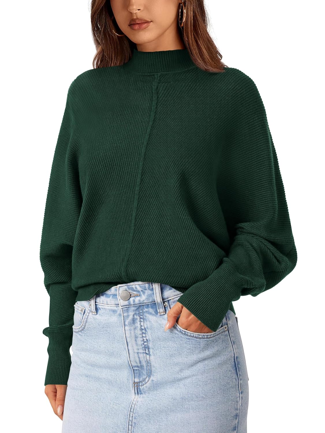 PRETTYGARDEN Fall Fashion 2024 Oversized Mock Neck Long Sleeve Batwing Sweaters for Women Casual Loose Ribbed Knit Tops