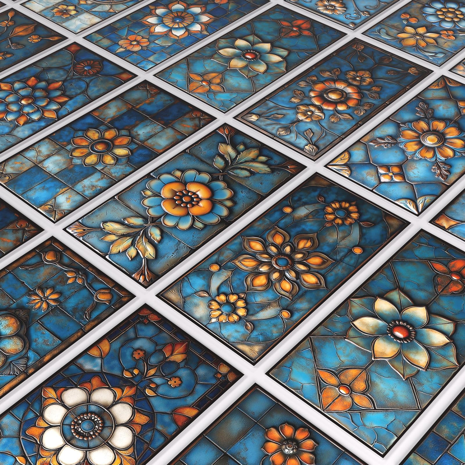 Azulejos Adhesivos Cocina Flores Azules Naranjas Impermeables Baño Azulejos, Diy Extraíble Vinilo Vinilo Pared Cocina