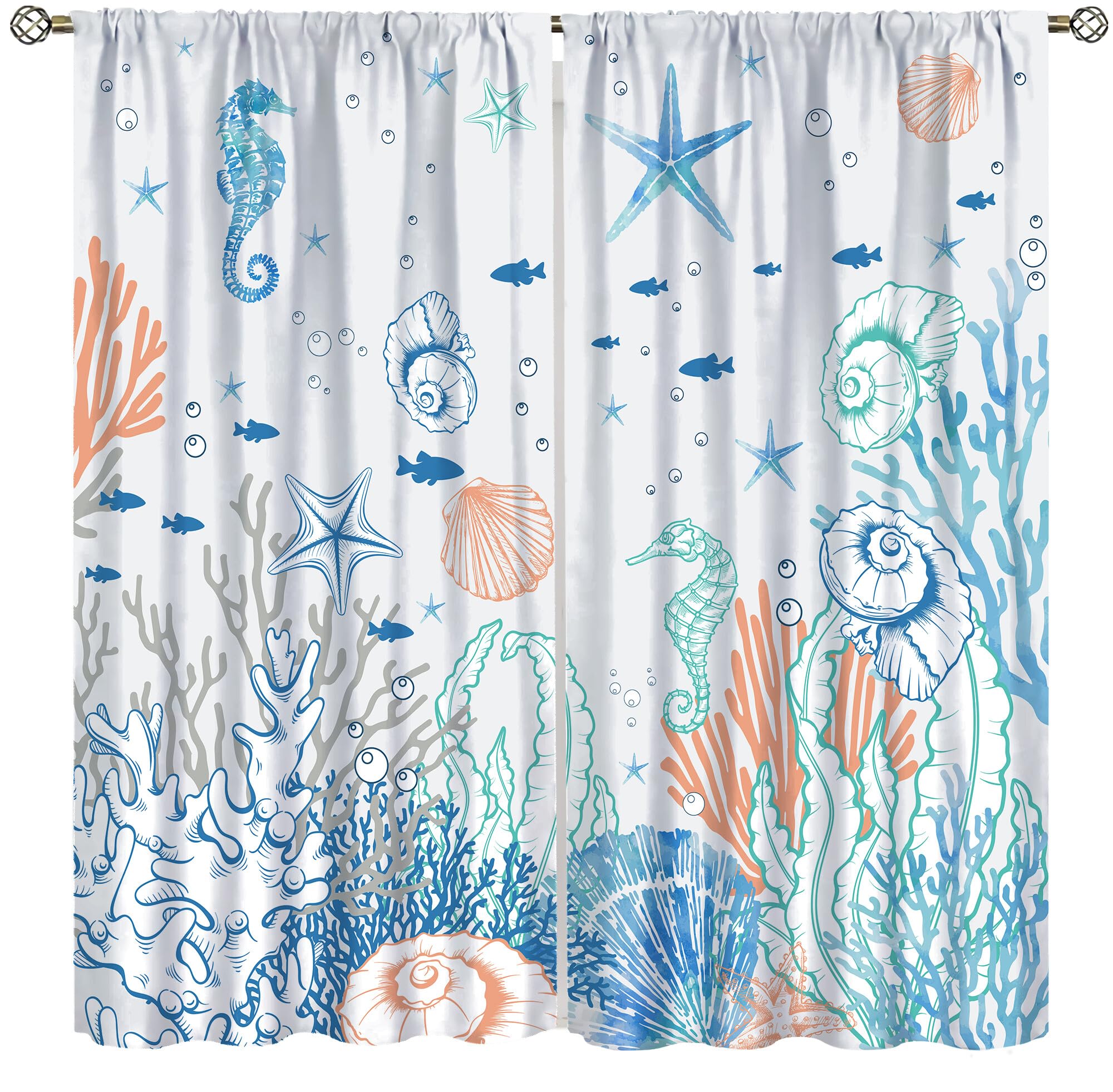 Llylumty Coastal Sea Animals Curtain,Watercolor Colorful Nautical Sea Horse Shells Coral Tropical Fish Seaworld Rod Pocket Window Treatment Curtains for Home Decor Living Room 21x45in,2 Panel Set