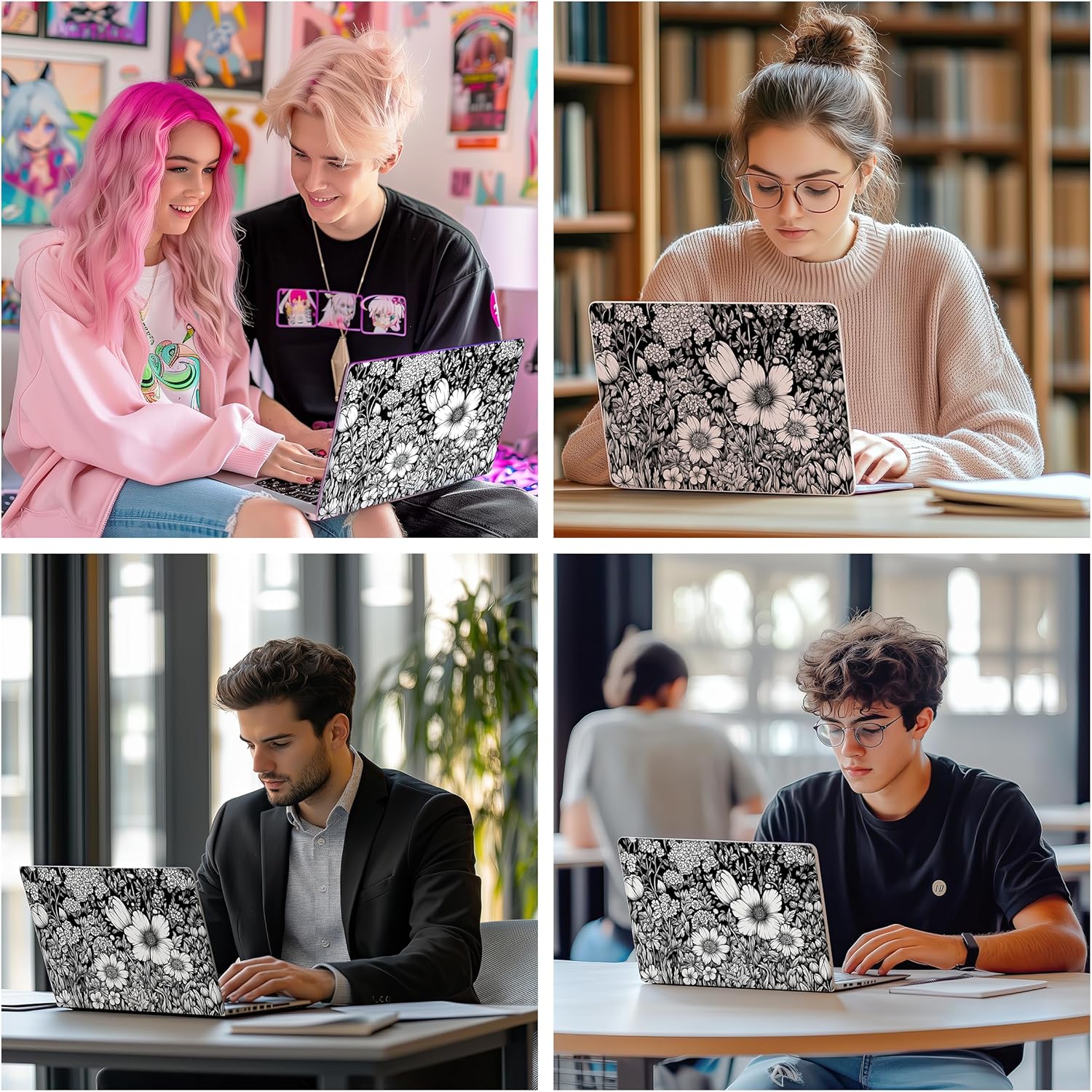 Laptop Skin Decal HP 15.6 - Black White Botanical, Laptop Cover Sticker, No Cutting Required, No Bubble, Waterproof, Scratch Resistant - Including Wide Screen and Wrist Pad