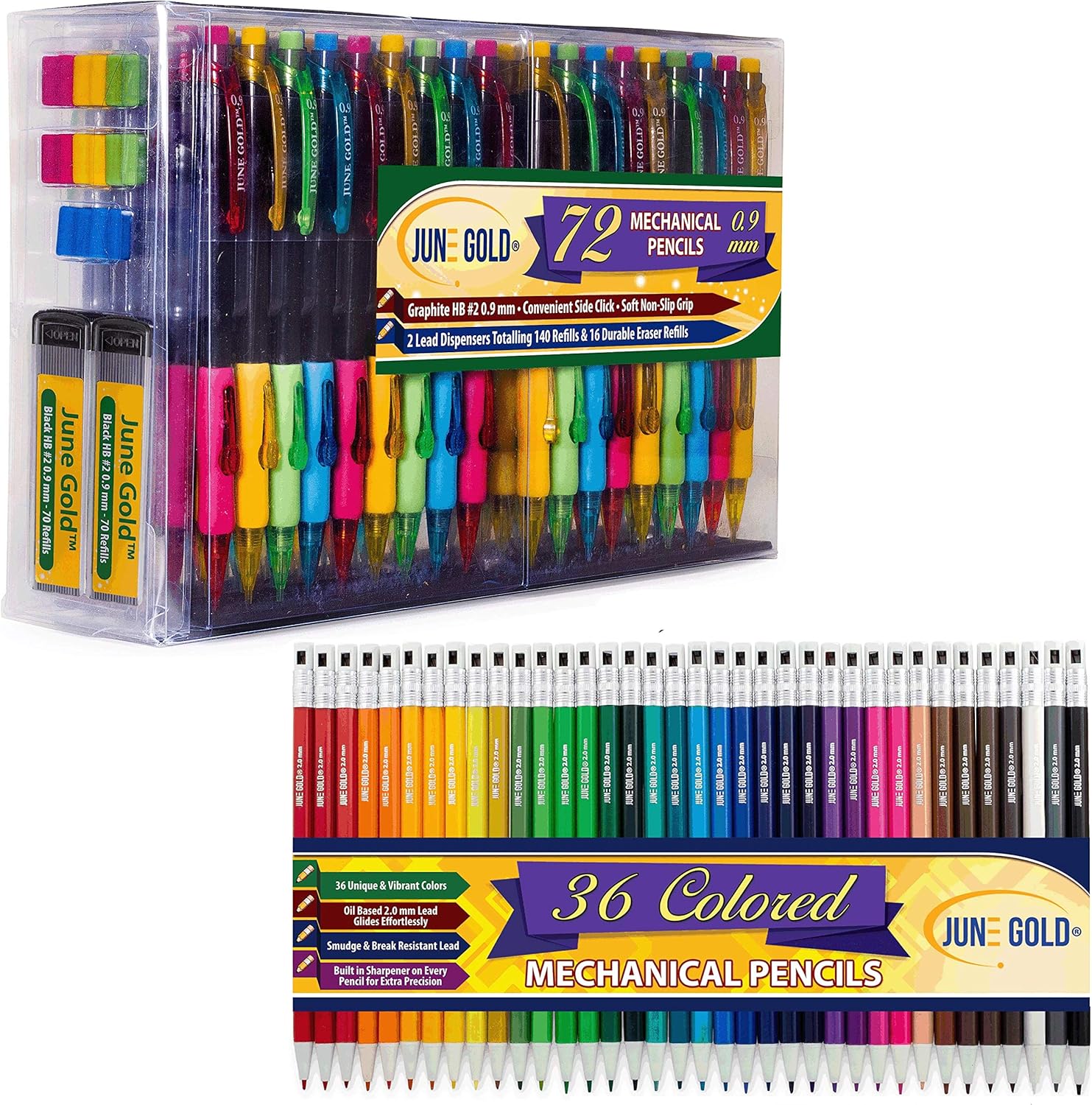 June Gold 36 Uniquely Colored 2.0 mm Mechanical Pencils and 72 Mechanical Pencils, 0.9 mm HB #2 Lead, Extra Refills