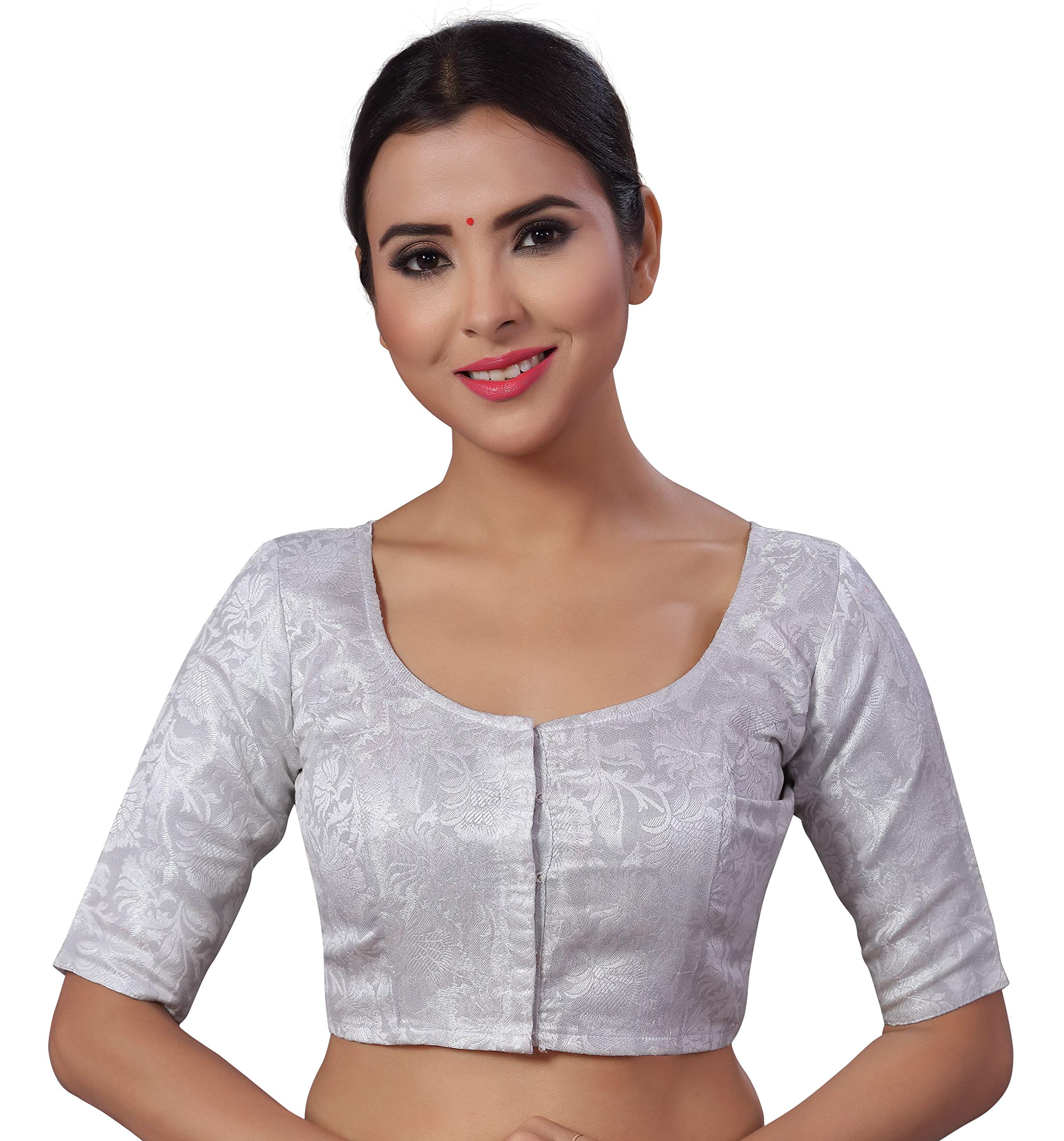 STUDIO ShringaarWomen's Readymade Silver Brocade Elbow Length Sleeve Saree Blouse