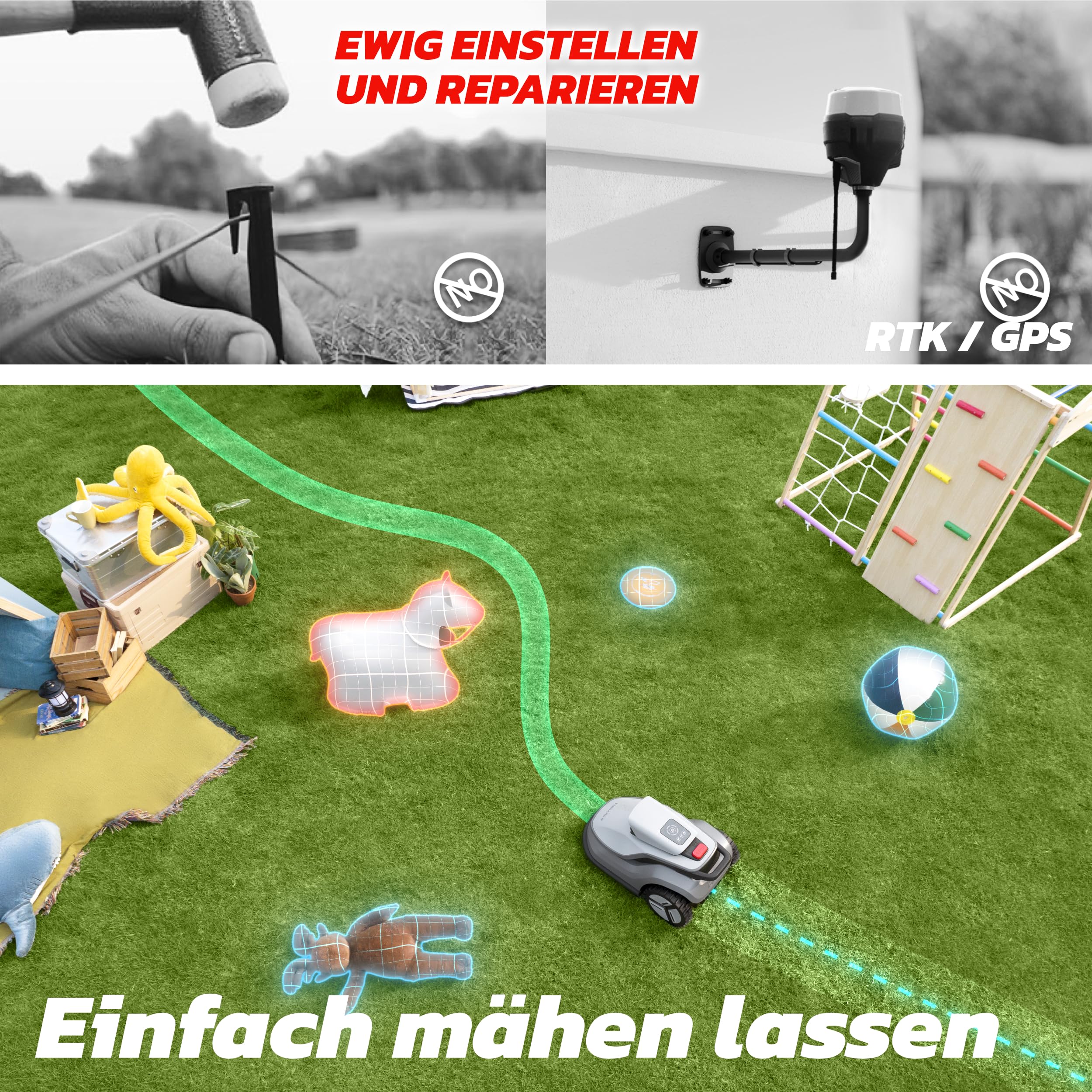 Terramow V1000 Mähroboter ohne Begrenzungskabel, ohne RTK, mit KI-Bilderkennung und Hinderniserkennung für Garten bis 1200m²