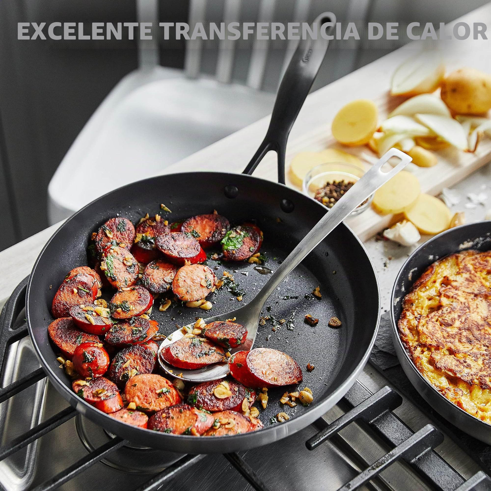 GreenPan Venice Pro Noir Juego de Sartenes de 20cm y 26cm de Acero Inoxidable Sano Cerámico Antiadherente, Mango Negro Mate, Libre de PFAS, Inducción, Apto para Lavavajillas, Apto para Horno, Plata