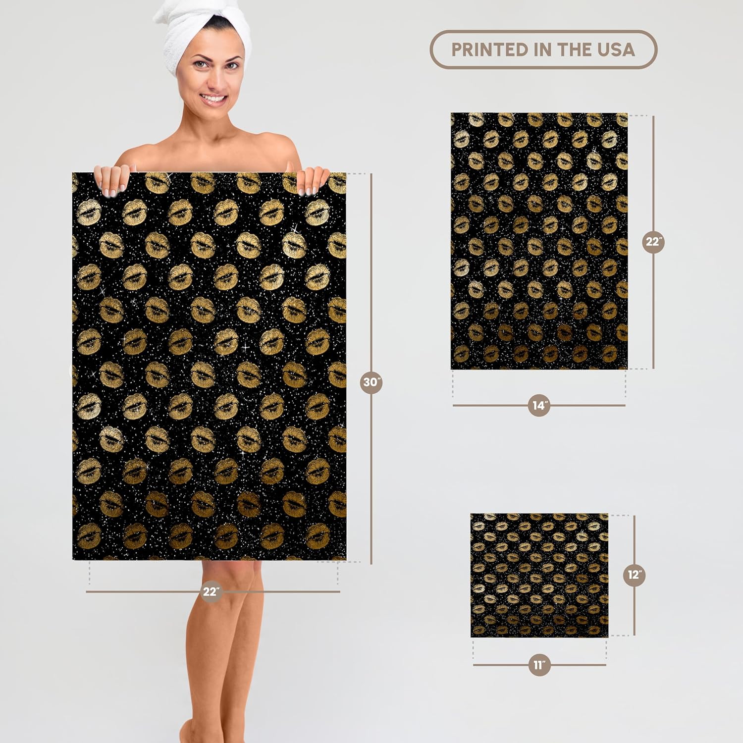 3dRose Glam Image of Gold Lips Kiss Pattern On A Black Background 22x30 Bath Hand Pool Towel