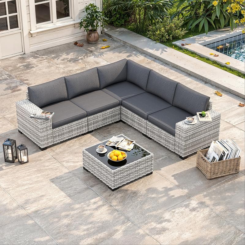 6 Piece Outdoor Wicker Patio Furniture Set Rattan Outdoor Sectional Sofa | Patio Sectional with 4" Thickened Cushions & Coffee Table, All-Weather Rattan for Garden, Backyard, Porch, Charcoal Gray
