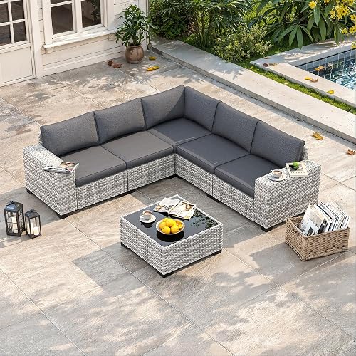 6 Piece Outdoor Sectional Sofas, 5-Seats Wicker Patio Furniture Set with 4" Thickened Cushions & Coffee Table, All-Weather PE Rattan for Garden, Backyard, Patio, Charcoal Gray