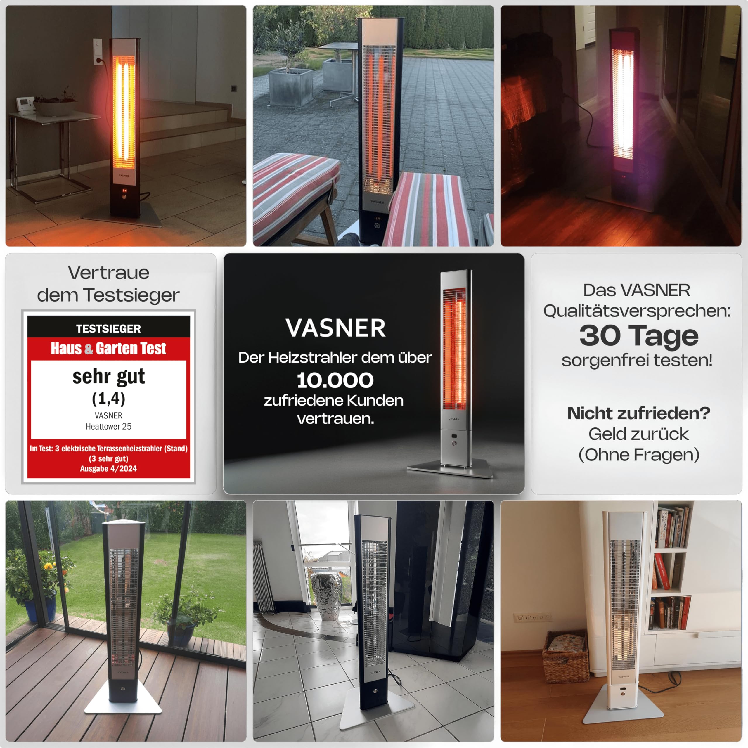 VASNER HeatTower Infrarot Heizstrahler Terrasse 2500 Watt 4 Heizstufen Standheizstrahler elektrisch mit Fernbedienung IP65 Schutz für Outdoor oder Bad