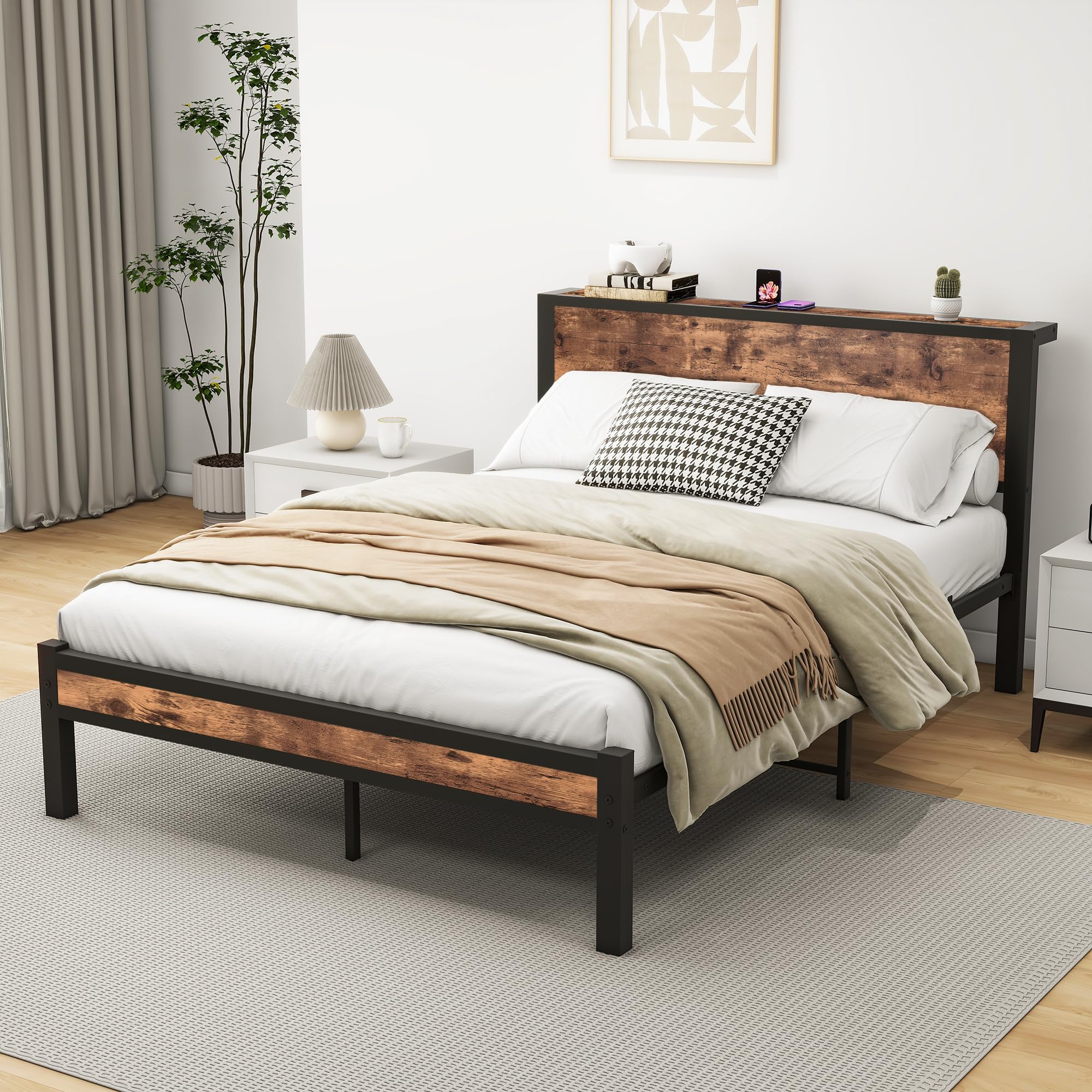 HOMERECOMMEND Rama łóżka 140 x 200, łóżko podwójne 140 x 200 cm, stelaż z metalu, łóżko dla gości do małych pomieszczeń, kolor czarny i brązowy
