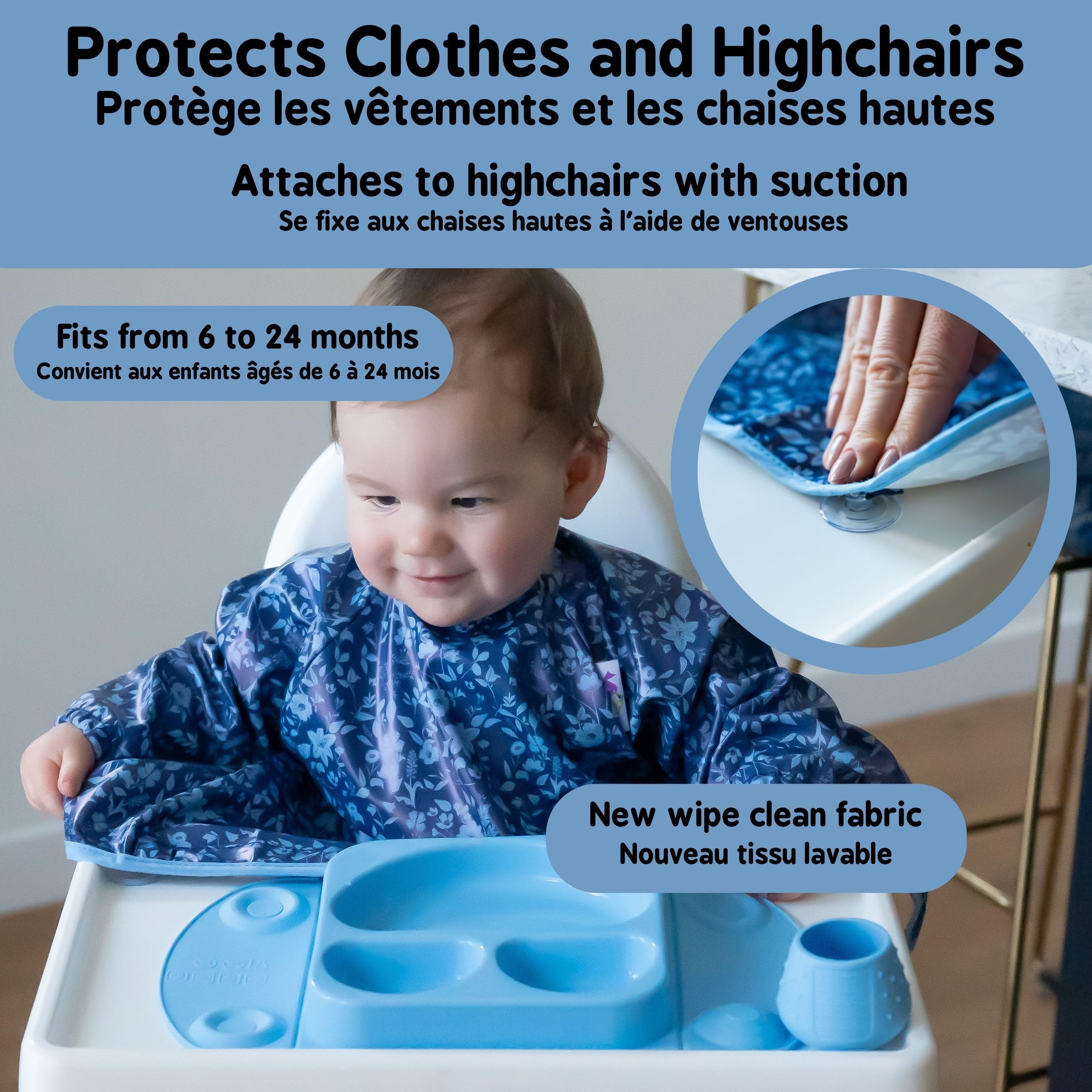 Tidy Tot®™ Cover & Catch™ Weaning Bib with Sleeves. Attaches to Highchairs with Suction for Mess Proof Baby Feeding. Waterproof Long Sleeved Bibs. Coverall BLW Bibs - Image 3