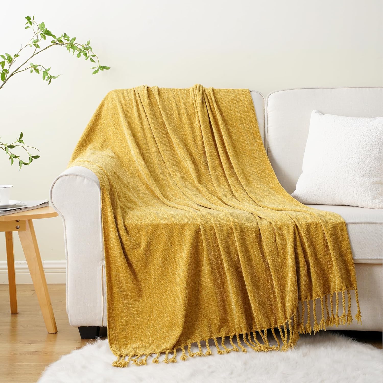 BATTILO HOME Mustard Yellow Throw Blanket for Couch Bed Sofa, Yellow Gold Chenille Throw for Spring Summer, Lightweight Knit Blanket for Home Decor, 50"x60" - Image 8