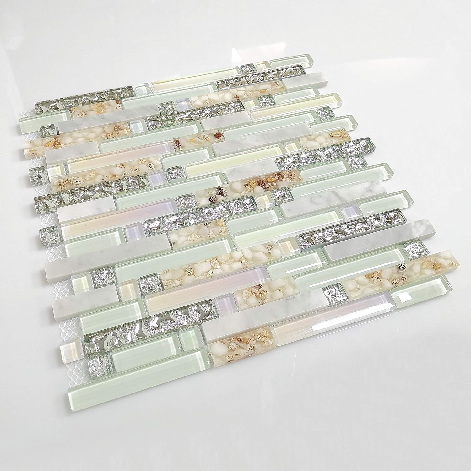 Hоttеѕt Sаlе Beach Style Wall Tile Mosaic Kitchen Backsplash Tiles Green Bathroom Silver Glass Conch Stone White Marble Iridescent Mosaic Art Deco Sheets [Pack of 11PCS(12.4x11.8x0.31 Inches/Each)]