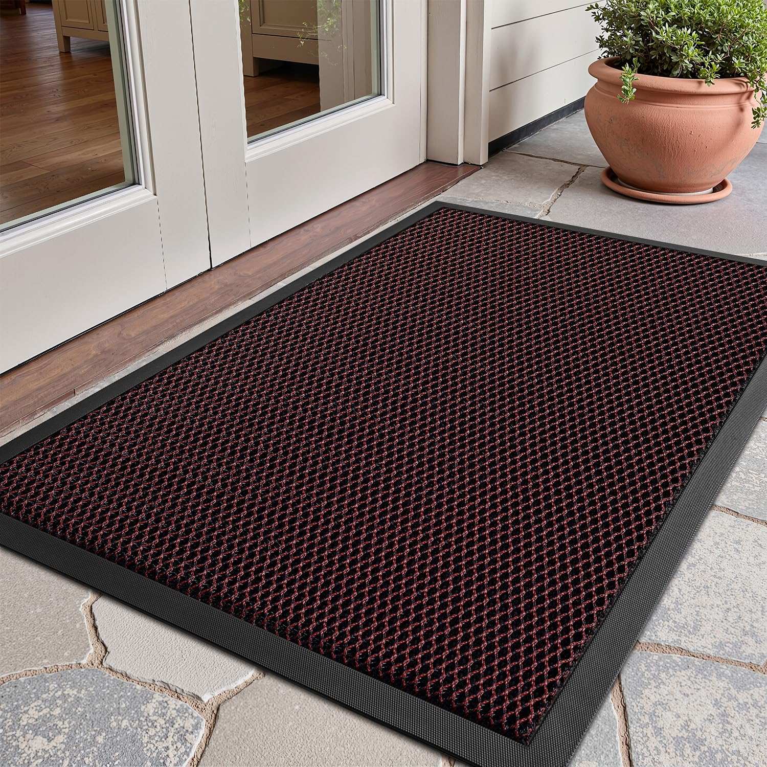 SIXHOME Outdoor Mat Non Slip Door Mat 35\x59\ Front Door Mats Absorbent Rubber Welcome Low Profile Dirt Trapper Entry Rug Heavy Duty Durable Doormat Checker Bl