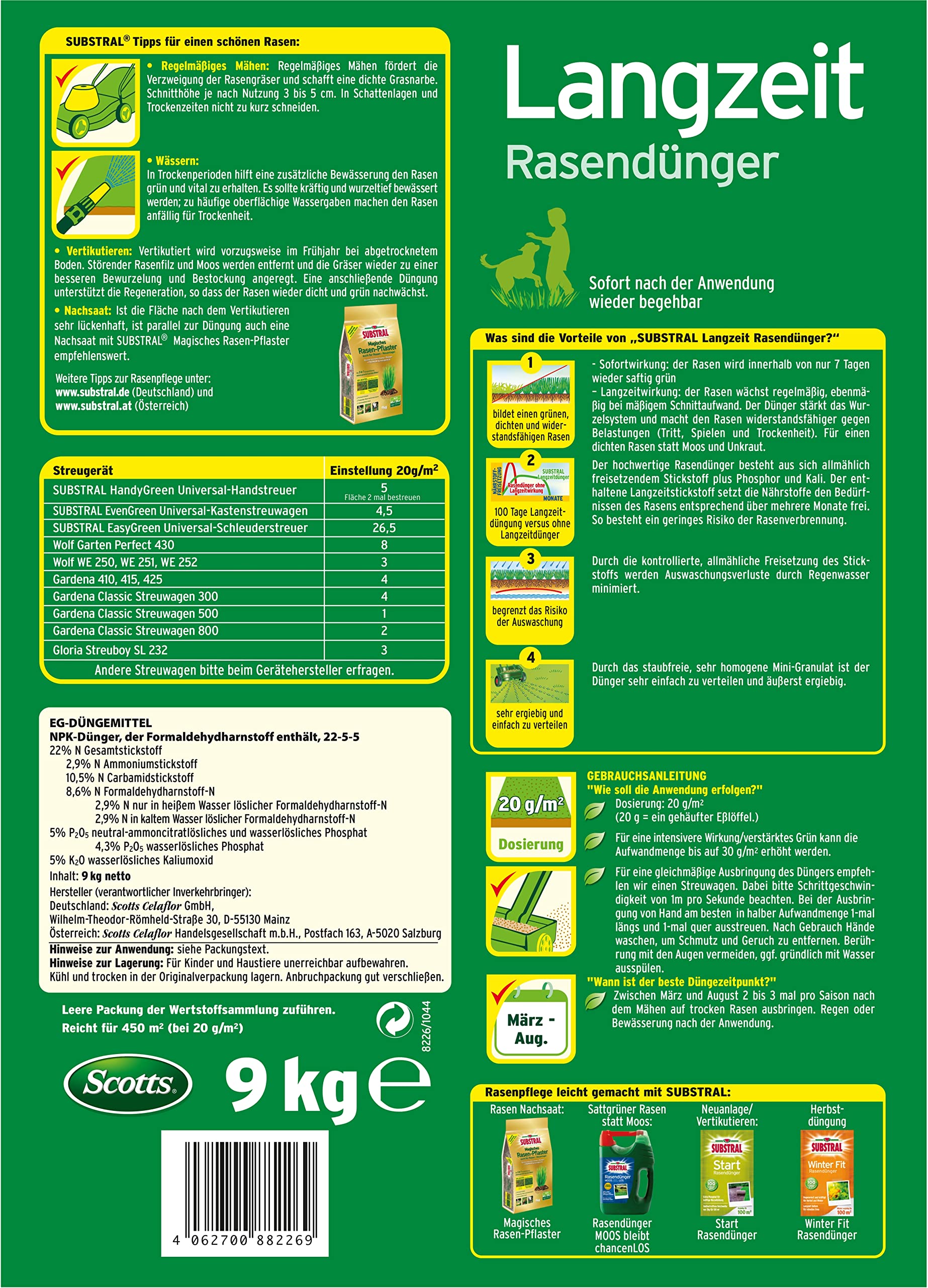 Substral Langzeit Rasendünger, 250 m², 5 kg, 100 Tage Langzeitdüngung, für dichten und saftig grünen Rasen