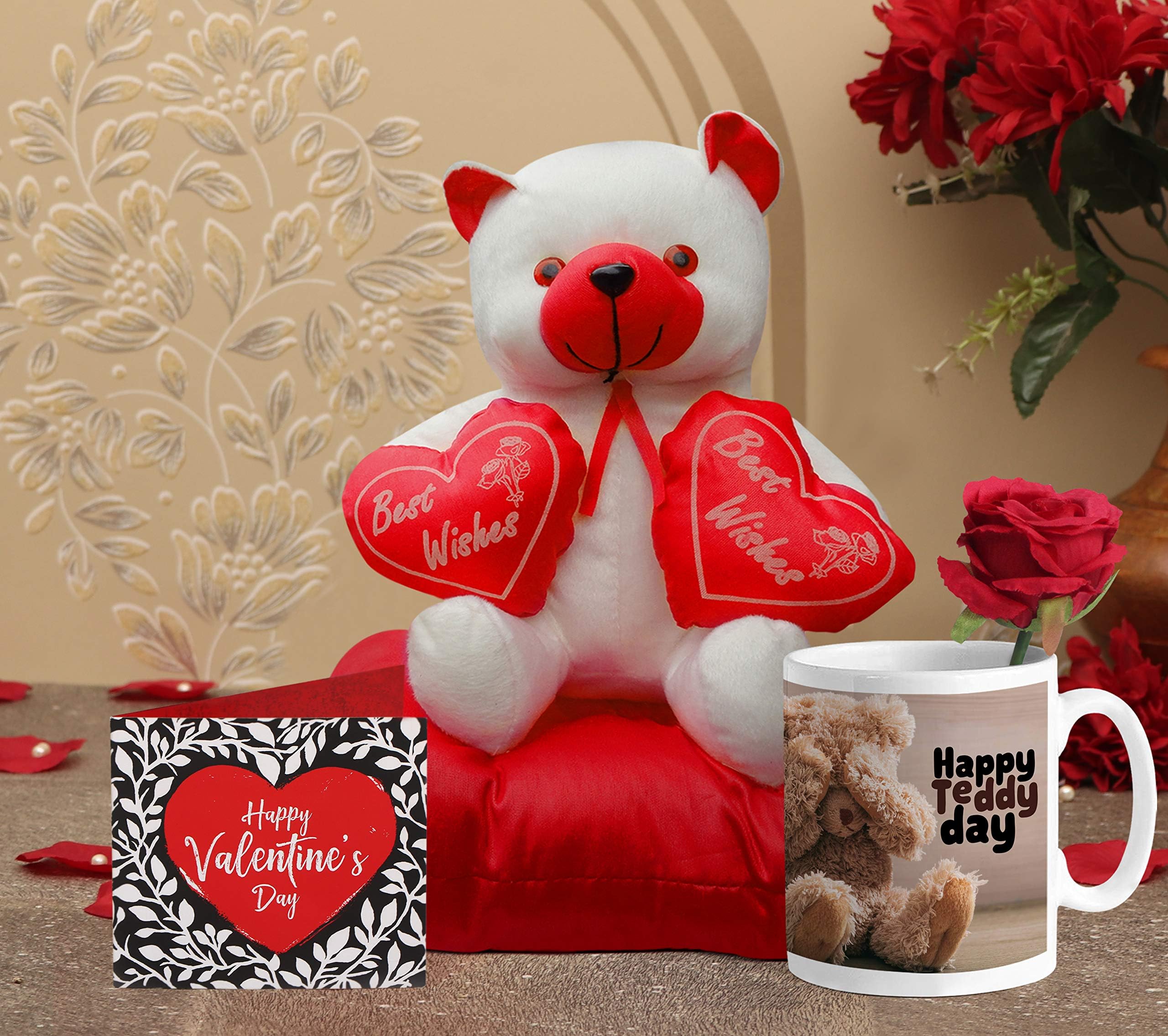 TIED RIBBONS Valentines Day Gift for Wife Girlfriend Girls Her - Special Gift Pack (Teddy Bear Soft Toy, Valentine Special Coffee Mug, Mini Greeting Card and Artificial Rose)