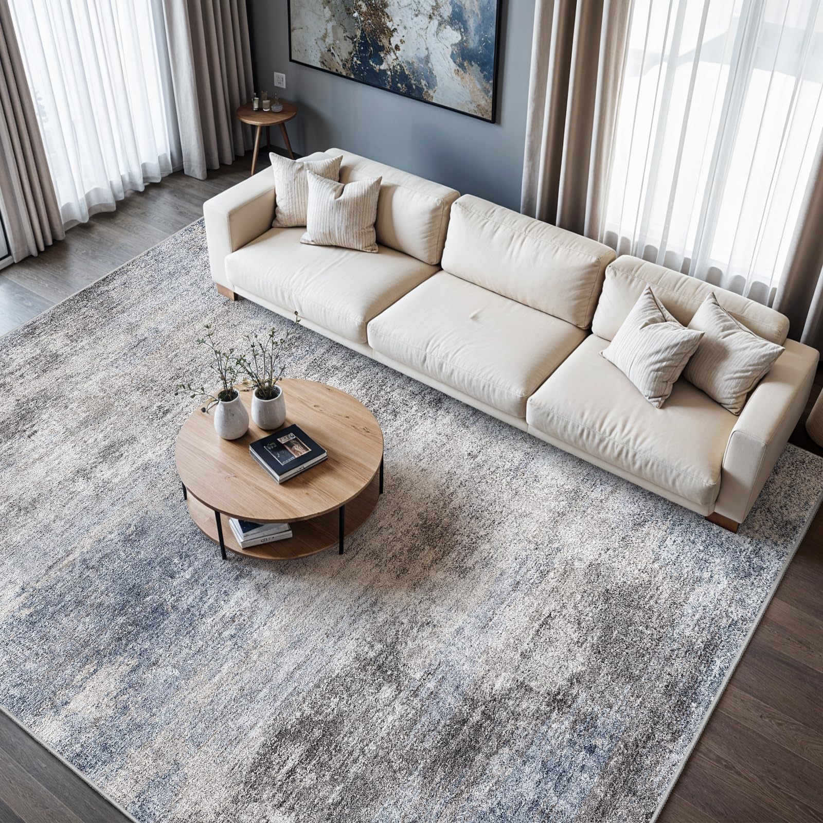 Washable Abstract 10x14 Area Rug: Low Pile and Non-Slip Rubber Backing Modern Large Soft Stain-Resistant Carpet for Living Room Bedroom Dining Room