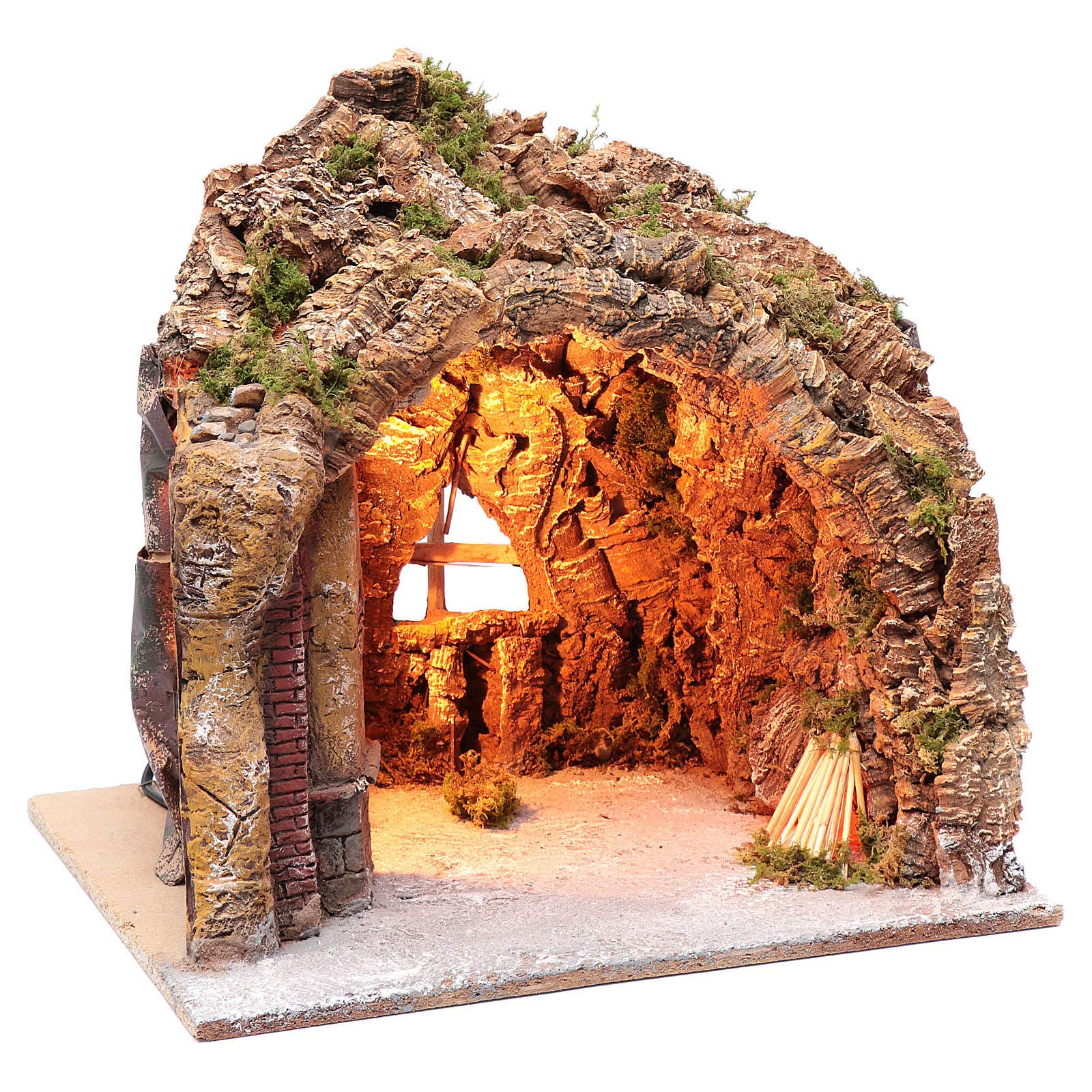 Holyart Crèche Napolitaine: Grotte crèche Naples illuminée et Effet feu 35x40x22 cm