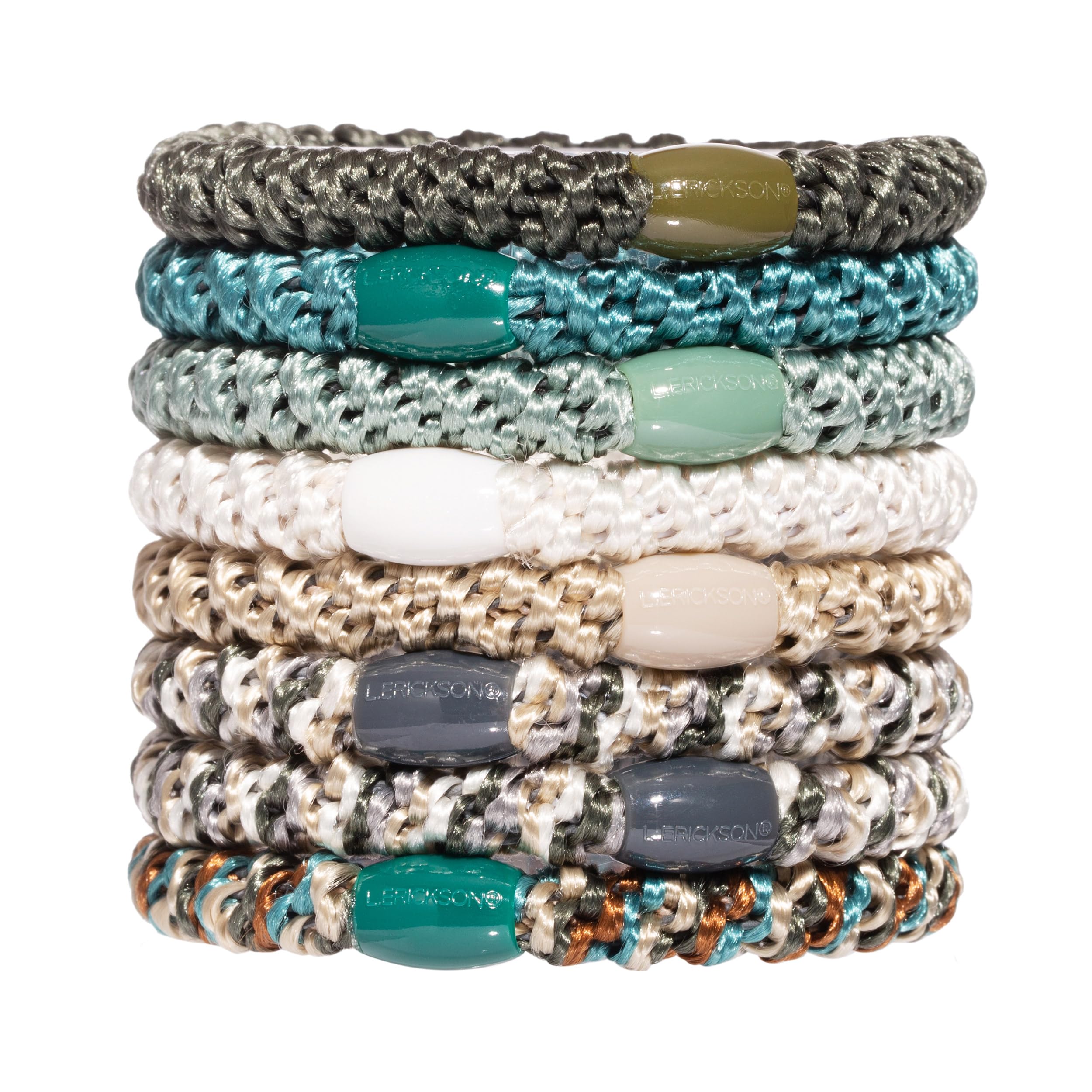 Green and Beige Hair Ties for Thick Hair, Grab & Go Ponytail Holders, 8 Pack, Moss, Thick No-Crease Bands with Strong Hold, Damage-Free Design, Earthy Natural Tones | L. Erickson