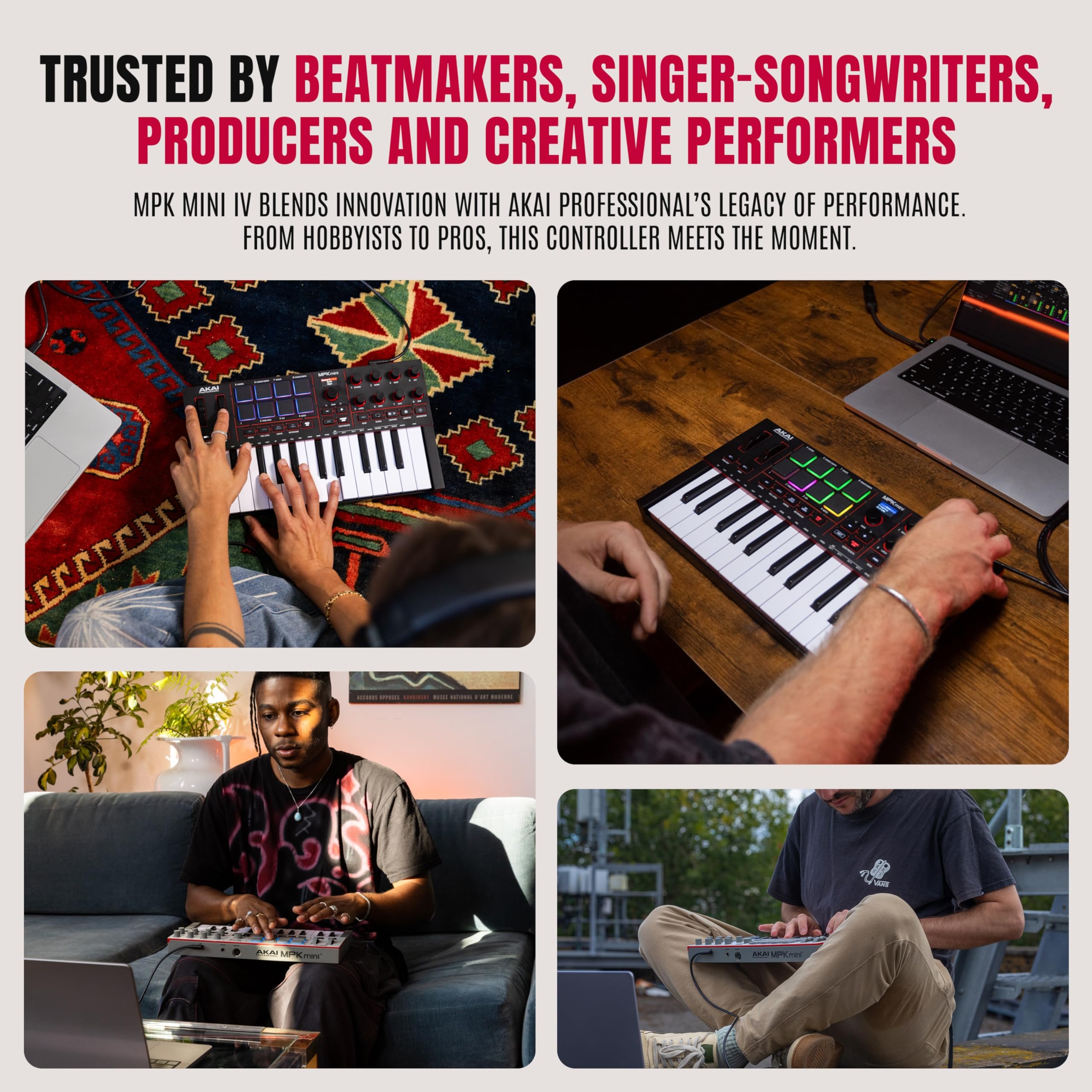 Akai Professional MPK Mini IV USB-C MIDI Keyboard Controller for Beginners and Producers - MPC Drum Pads, 360° Knobs, Pitch and Mod Wheels, Production Software, Native Instruments Sound Package,: Black