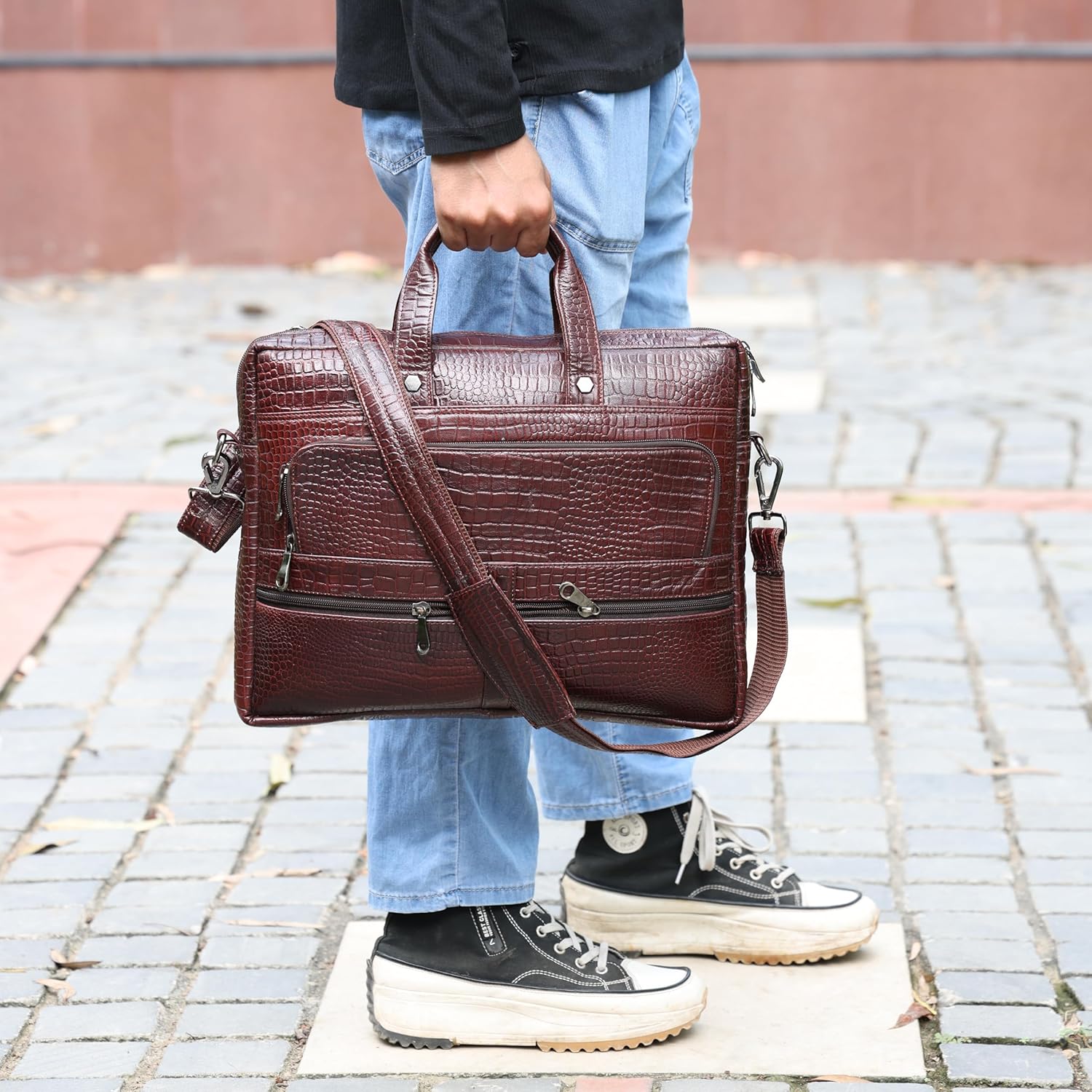 16" Crocodile Embossed Leather Laptop Briefcase, 5 Zipper Pockets, 2 Spacious Compartments,12x16x4 inches | Adjustable Strap, Multiple Slots