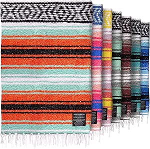 Hydration Nation Authentic Extra Large Mexican Blanket (70&#34;x50&#34;) - Handwoven Yoga, Serape- Artisanal Falsa, Beach, Camping, Picnic, Outdoor (Mint-Orange)