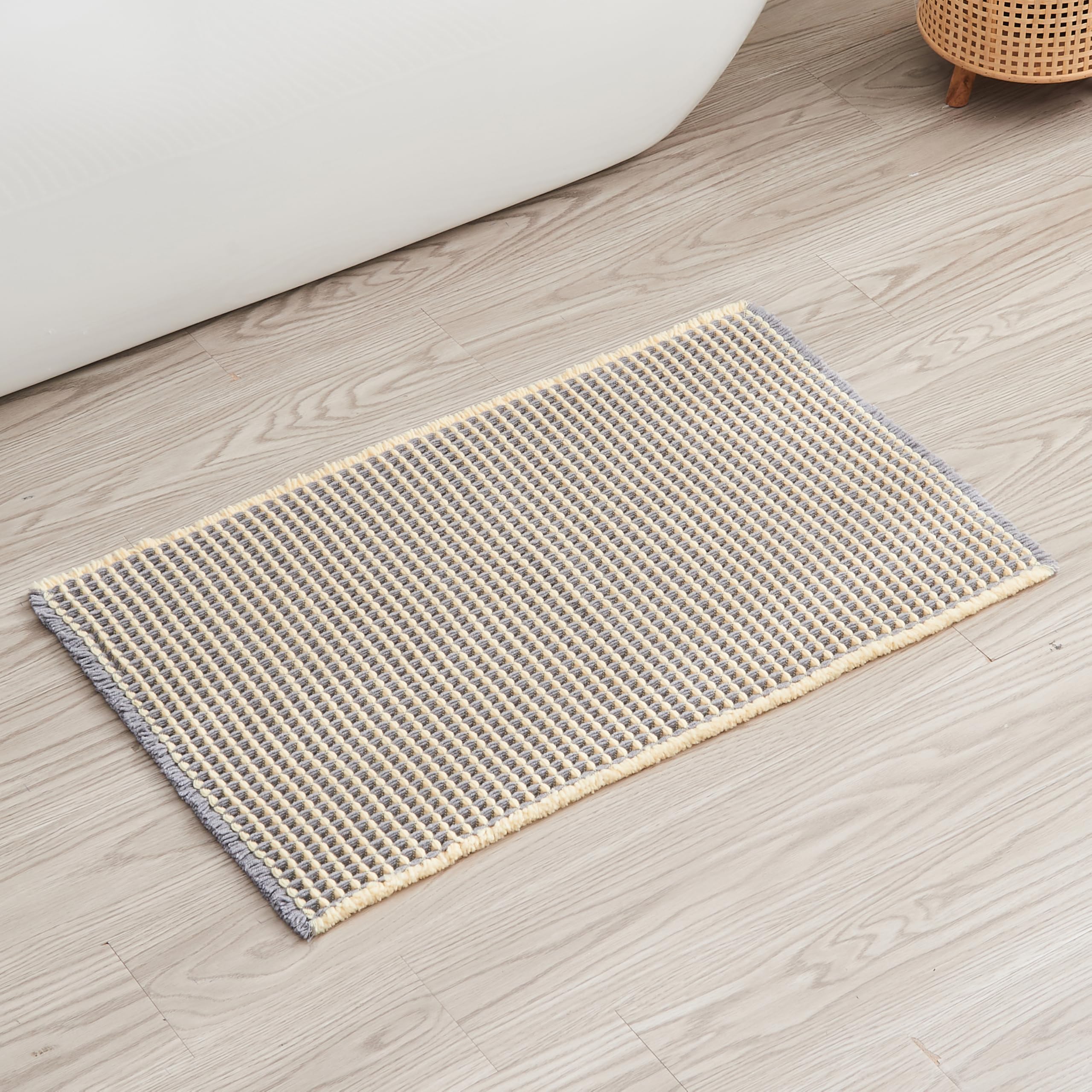 Douceur Waffle Bath mat for Bathroom Floor Non Slip, Super Soft Acrylic Blend Bath Rugs with Tassels, Quick Dry Bathroom Rugs Machine Washable, 20" x 32", Grey&Yellow