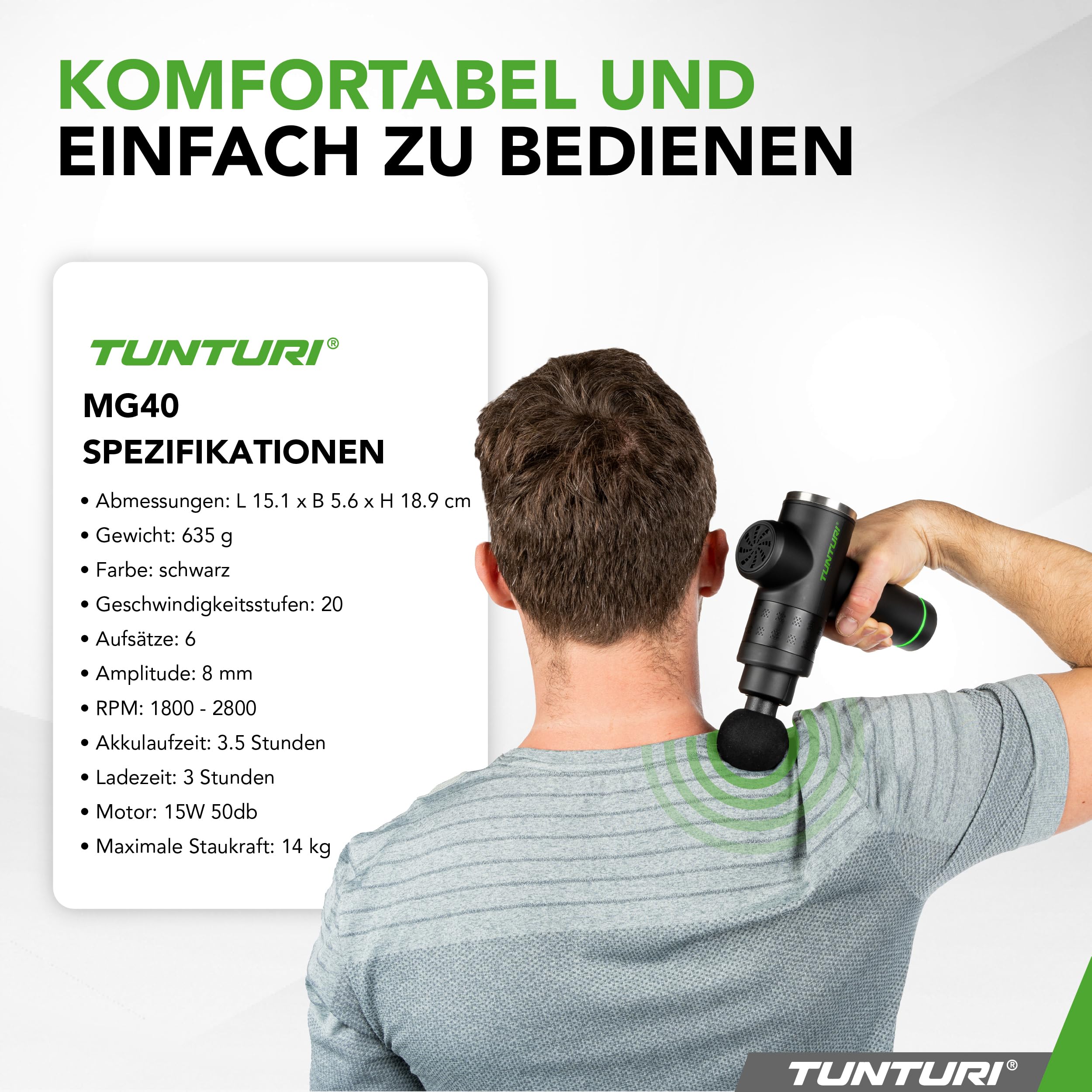 Tunturi MG40 Massagepistole – Massagegerät mit Multi-Griff – Inklusive 6 Aufsätze und Koffer – Extra kraftvoll und leise – Inkl. App