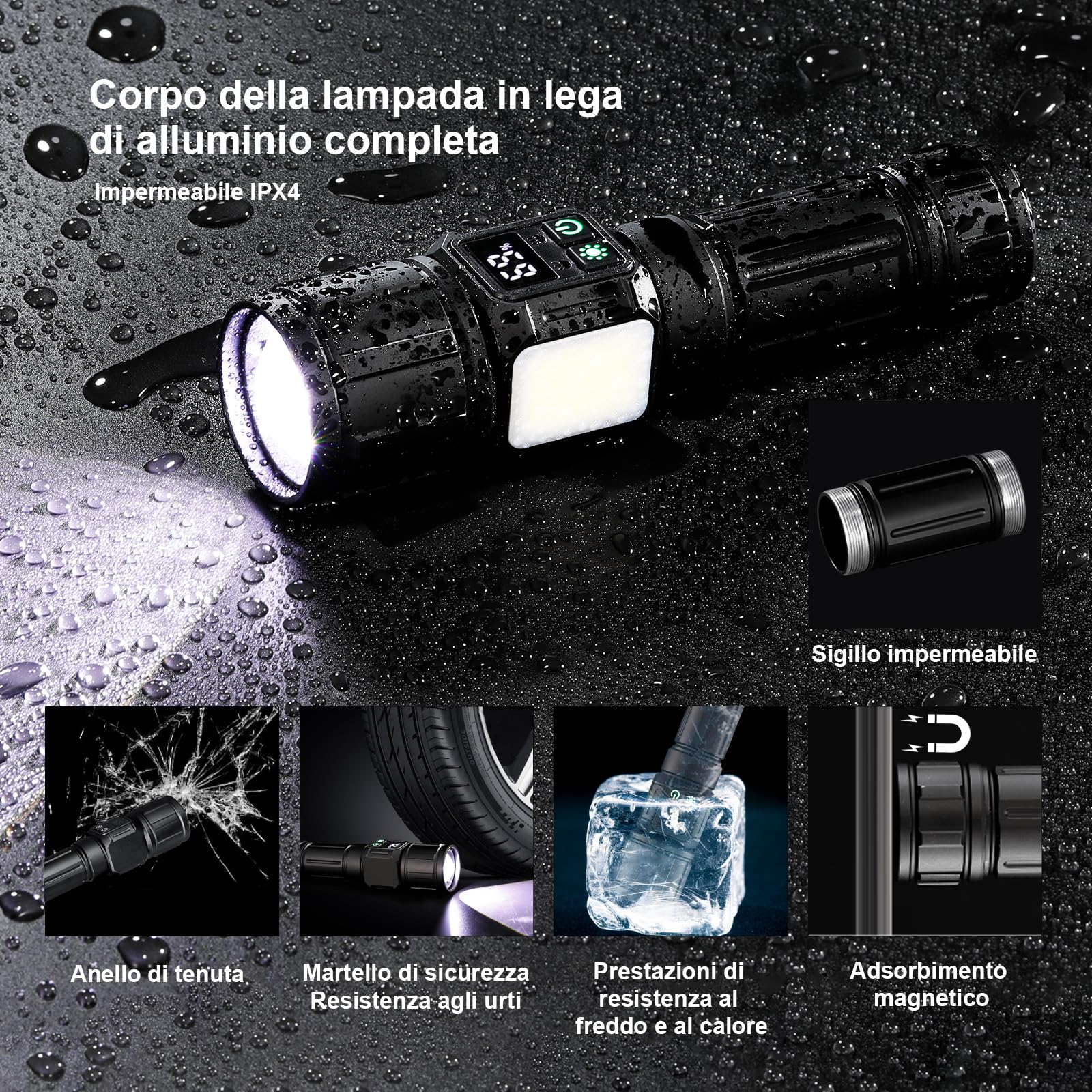 Torcia LED ultra potente da 2600LM - Torcia ricaricabile a batteria USB-C con 7 modalità, luce laterale rossa e blu, clip, indicatore | Leroy Merlin