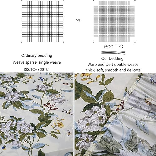 Miniatura 2 de FADFAY Sábanas florales Shabby tamaño King, 100% algodón, 600 hilos, flores blancas y hojas verdes, ropa de cama vintage con estampado botánico de