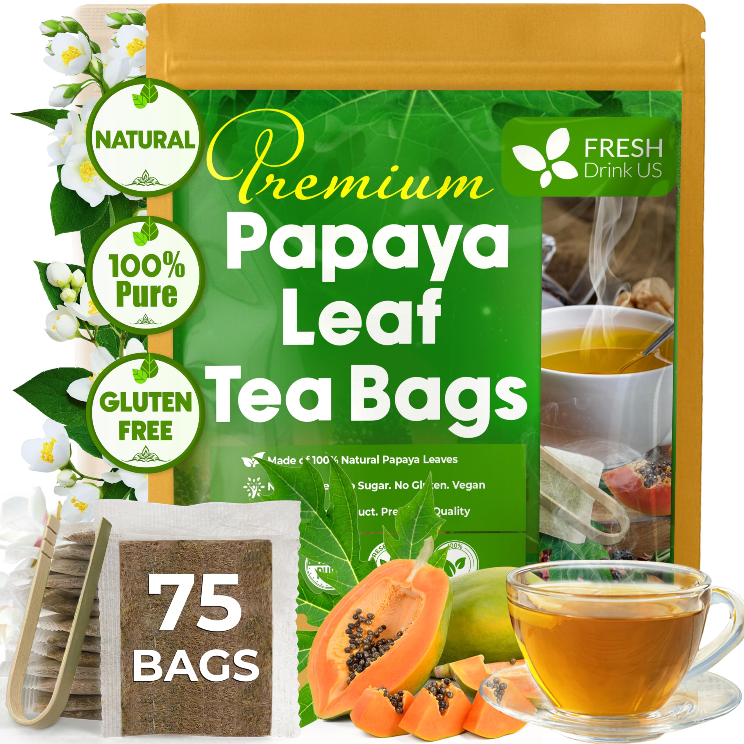 FreshDrinkUS, Premium 75 Papaya Leaf Tea Bags, 100% Natural & Pure from Papaya Leaves. Loose Leaf Herbal Tea. Made with Natural Material Tea Bags. No Sugar, No Caffeine, No Gluten, Vegan.