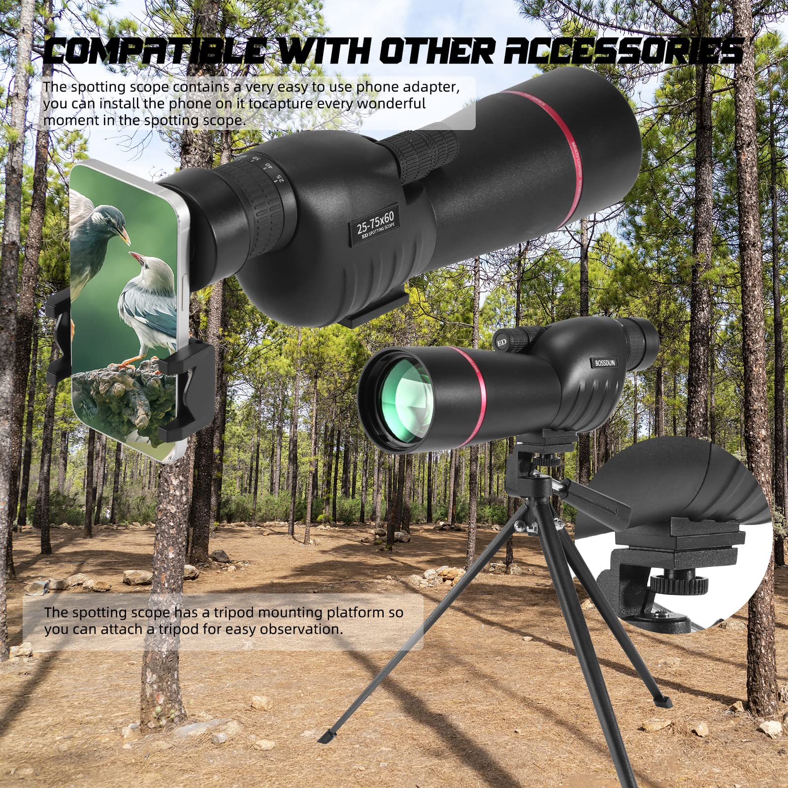 Cannocchiale, Telescopio Ultra HD 25-75X60, doppia messa a fuoco ED, impermeabile Cannocchiale FMC Lens-BAK4 Prism con custodia per il trasporto Treppiede per il tiro al bersaglio Caccia Bird Watching