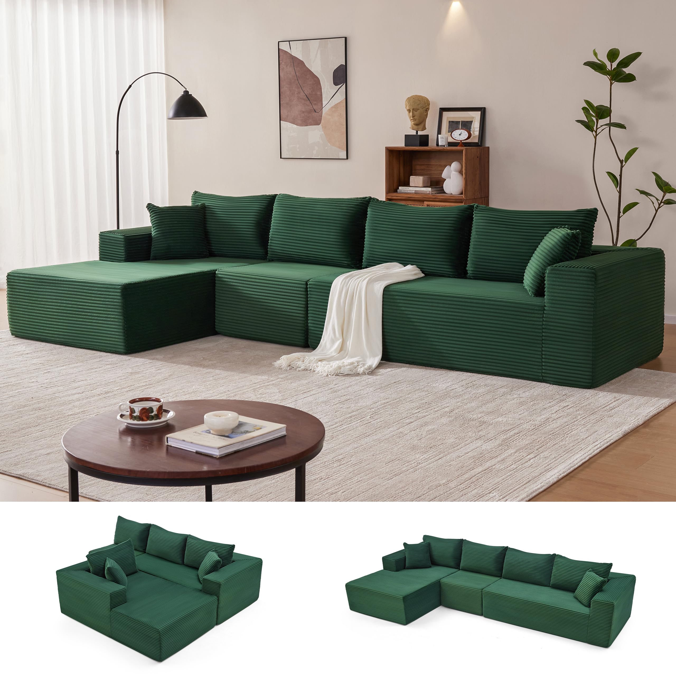Mangodan 140” Cloud Sectional Couch, Modular Sectional Sofa with Deep Seat, Boneless Sofa for Living Room, Fluffy Comfy L-Shaped Couch with Left Facing Chaise, No Assembly Required, Green